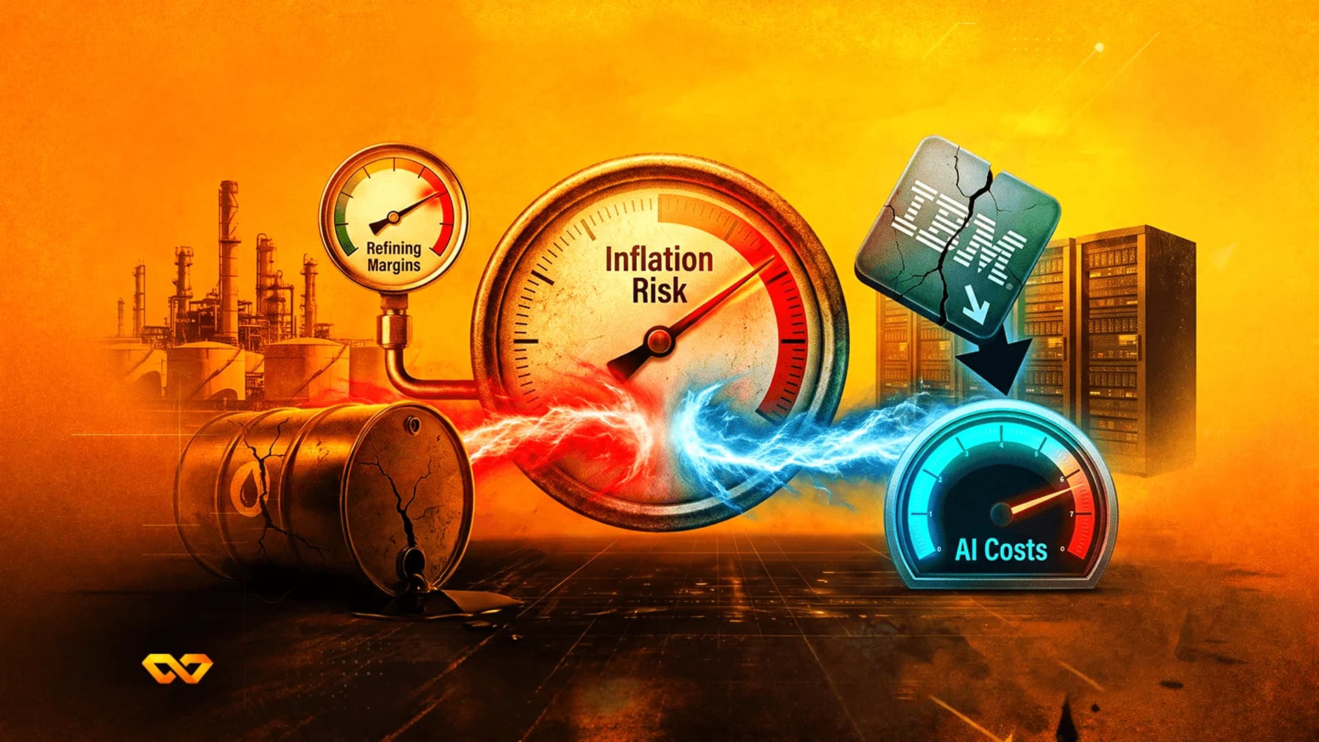 Gauges for inflation risk and AI costs with an oil barrel, refinery, and a cracked IBM logo on an orange background.