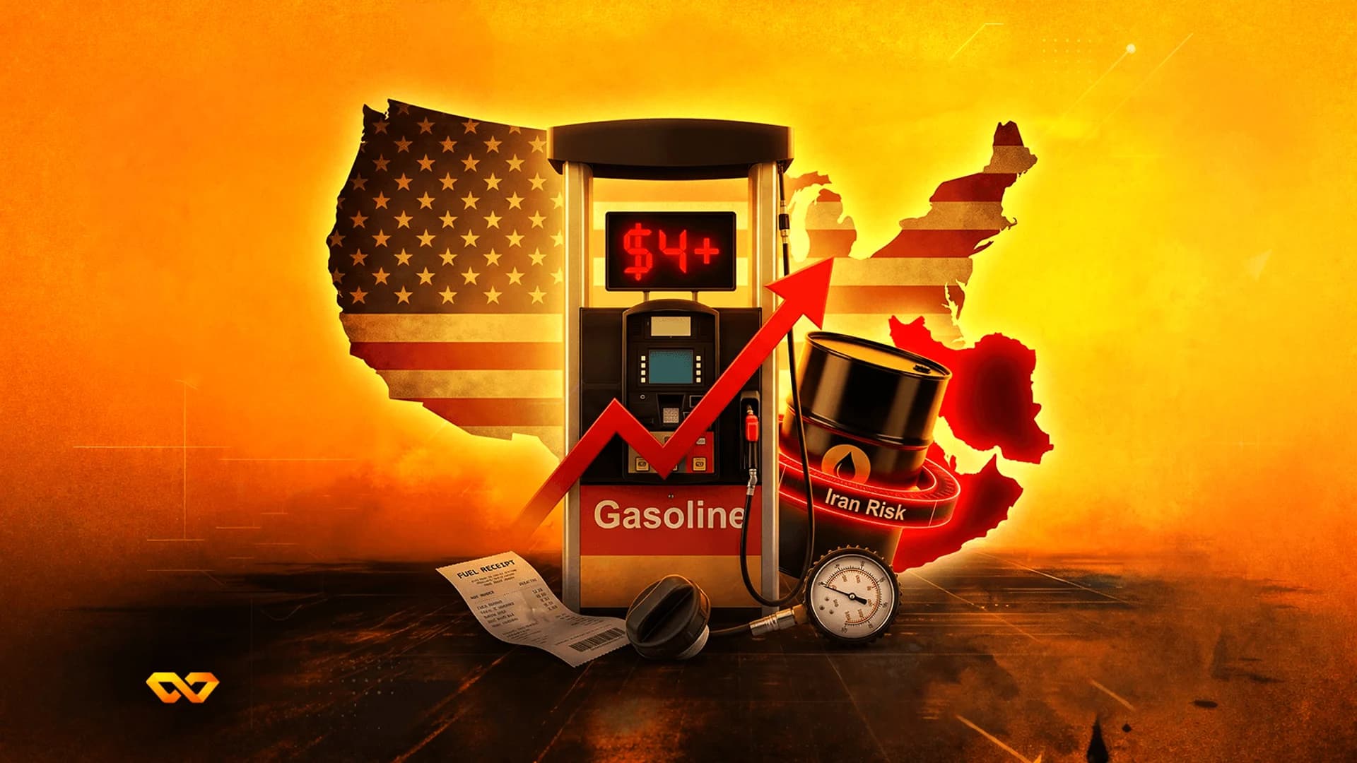 Gas pump with $4+ display, red upward arrow, oil barrel labeled Iran Risk, and US flag map on orange background.