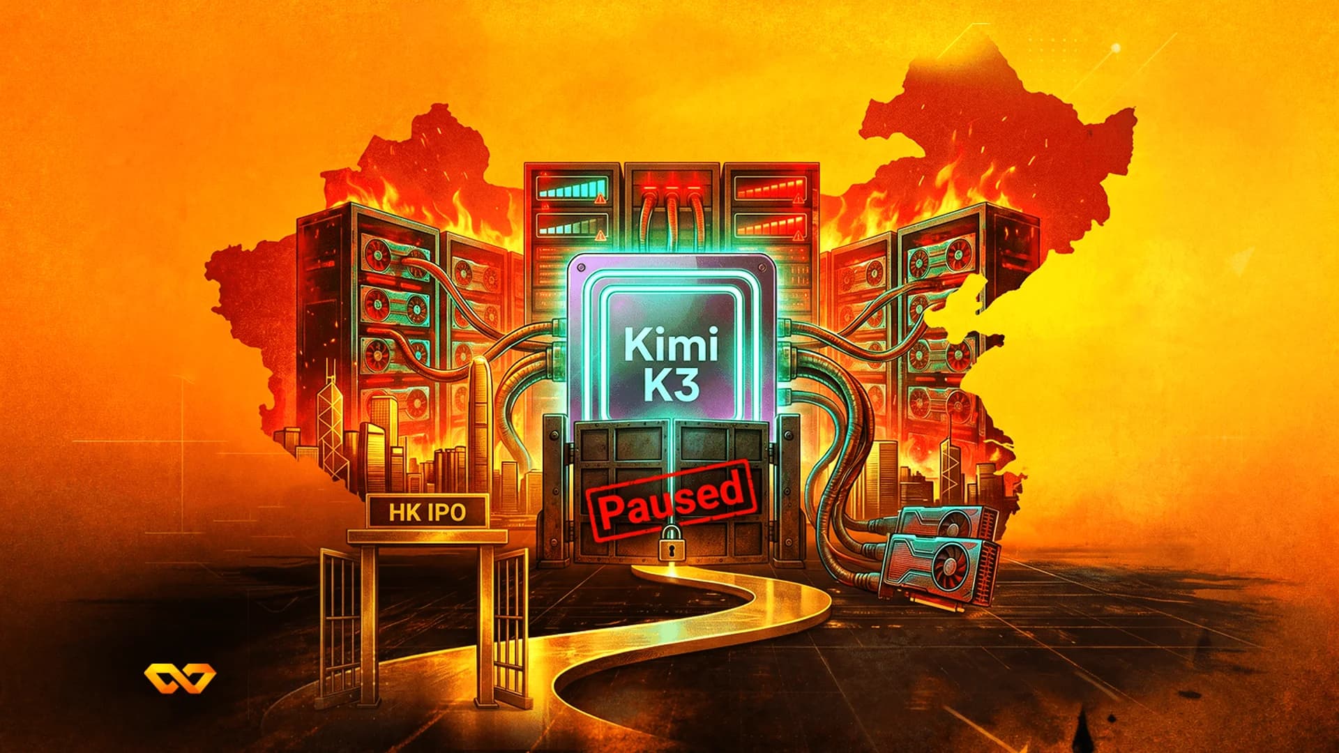 Illustration of a Kimi K3 processor behind a locked gate stamped 'Paused', with burning servers and a map of China.