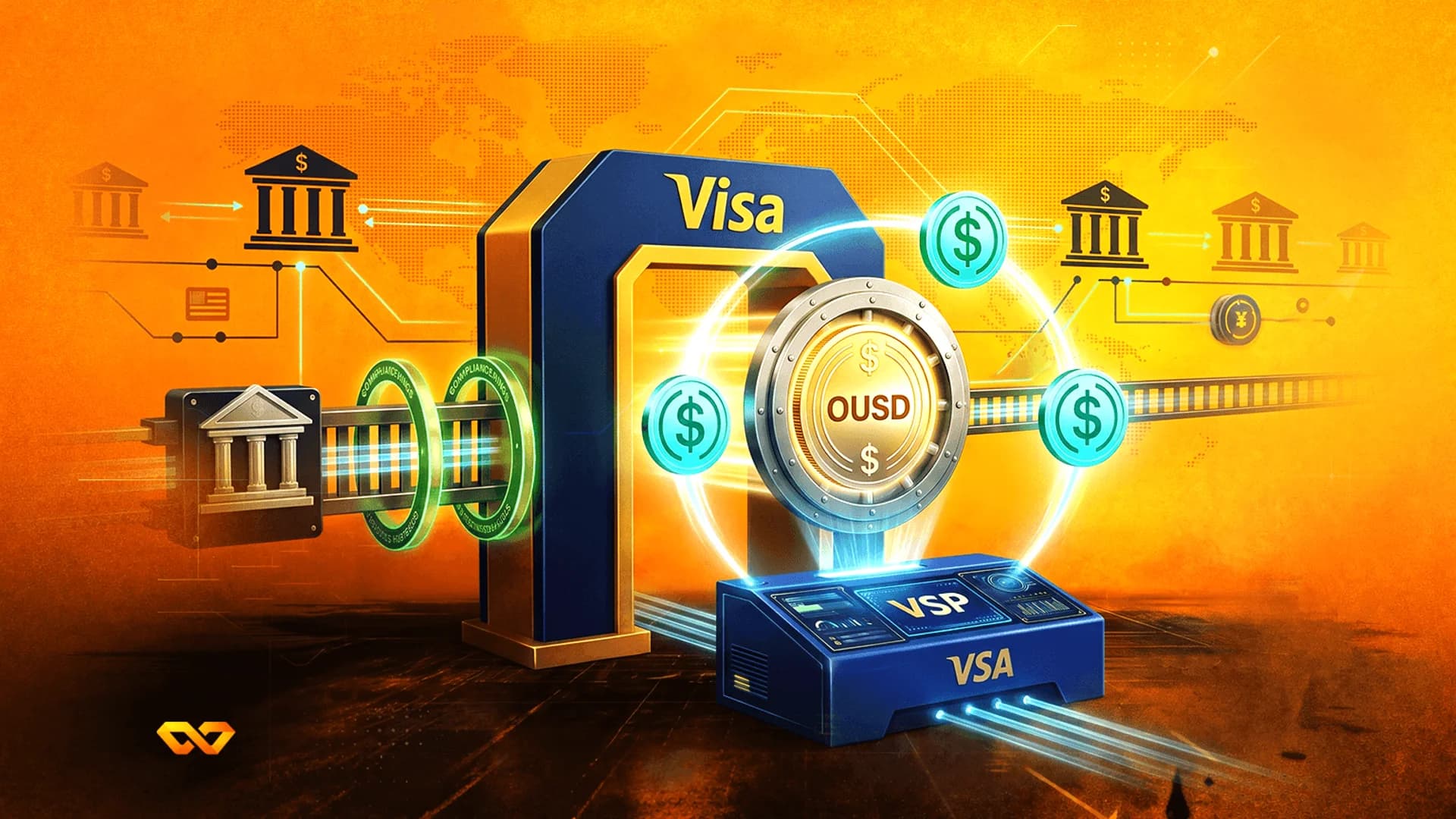 Digital illustration of a Visa gateway with an OUSD coin, bank icons on a track, and a world map background.