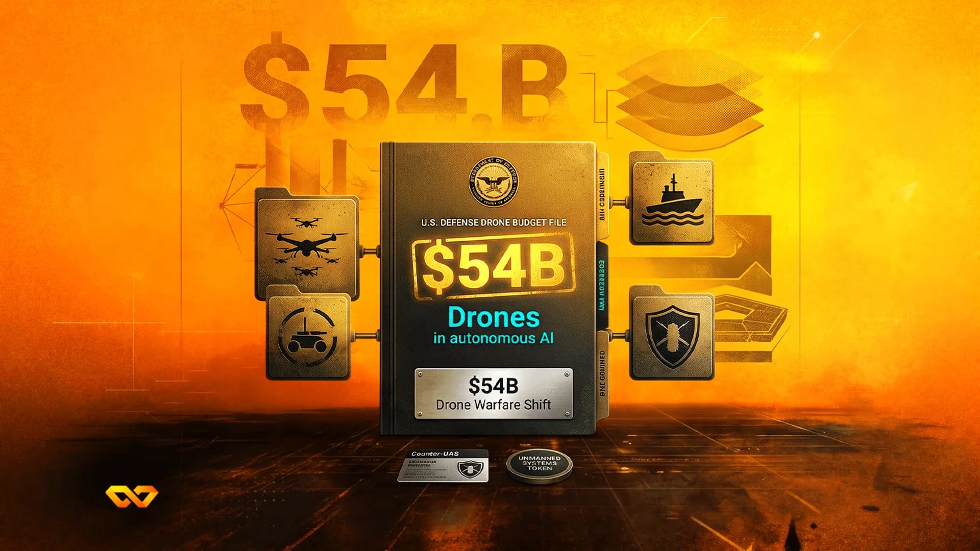 Digital illustration of a U.S. defense drone budget file with a $54B label, surrounded by military drone icons.