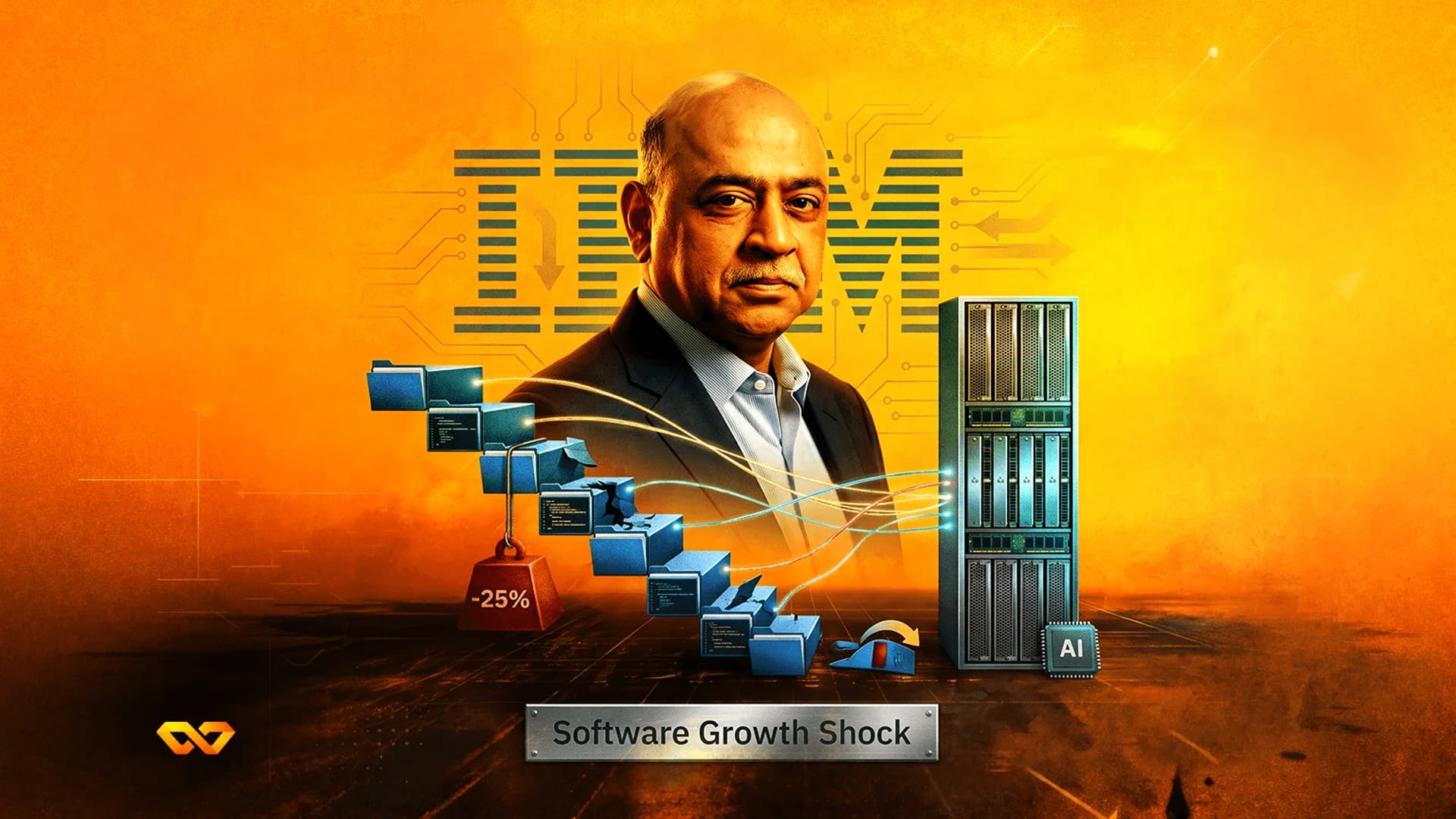Portrait of Arvind Krishna with IBM logo, server rack, and a downward staircase of folders labeled -25%.
