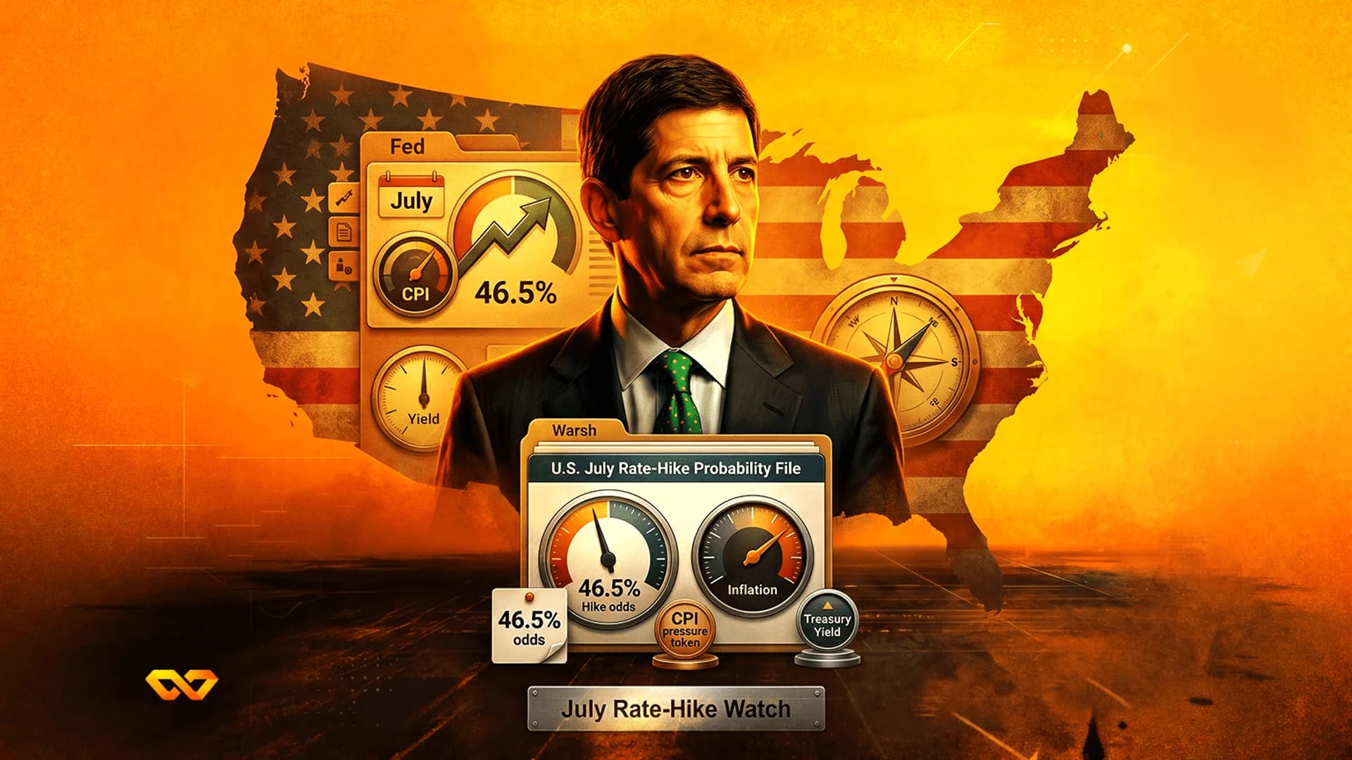 Illustration of a man in a suit before a US map flag with gauges showing inflation and rate hike probability.
