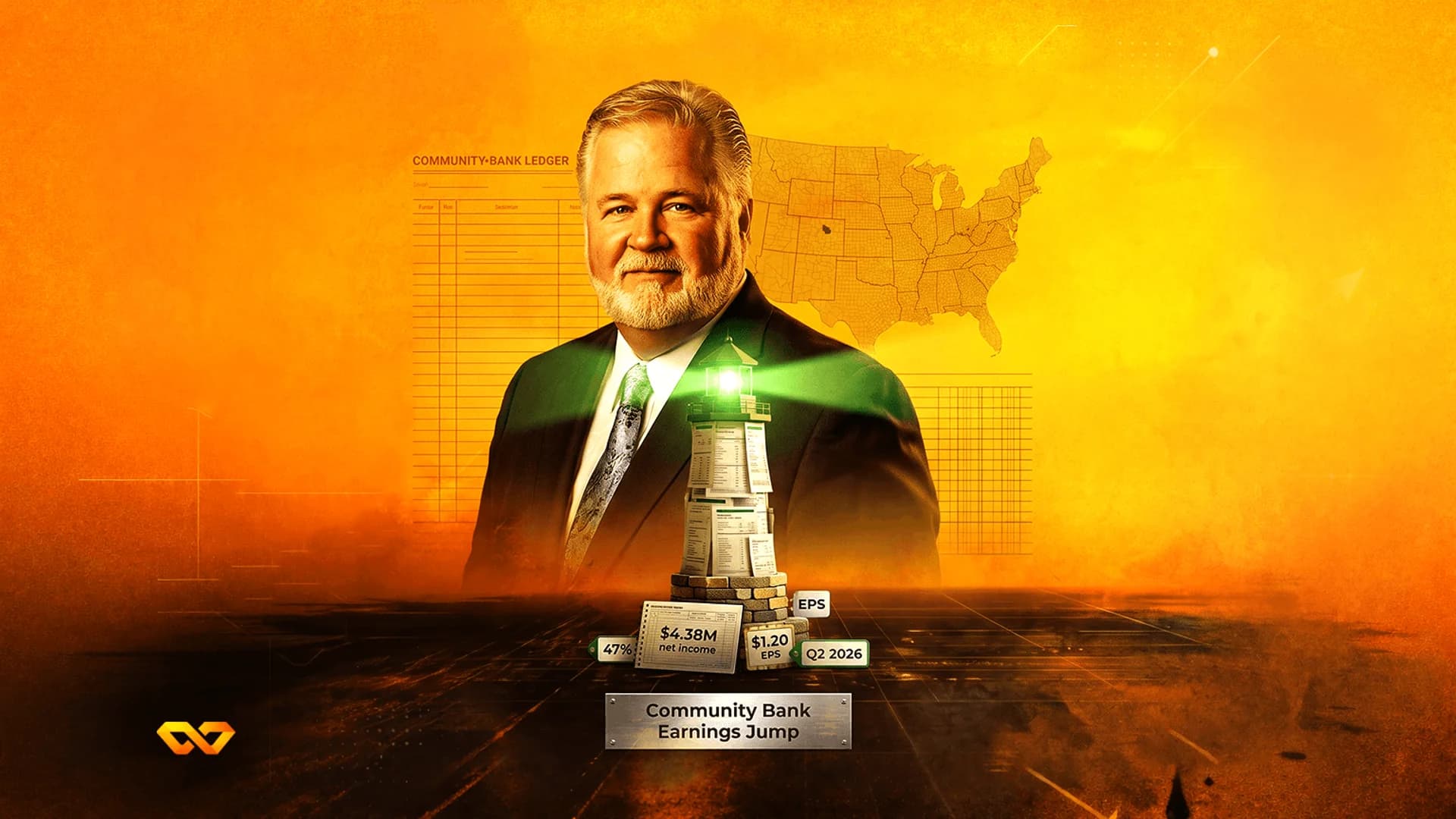 Portrait of a man in a suit beside a lighthouse made of financial papers on an orange background with a US map.