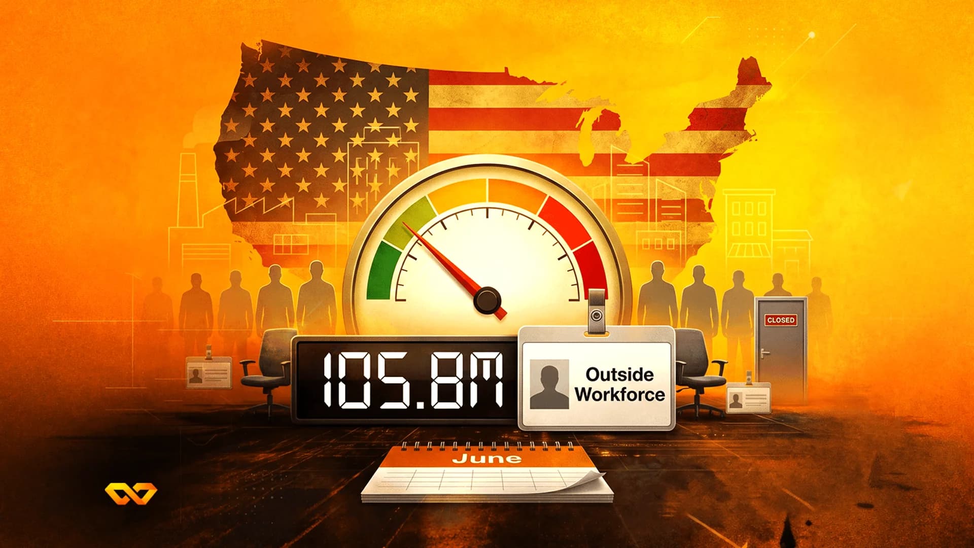 Illustration of a US map with flag, a gauge, a 105.8M digital display, and an 'Outside Workforce' ID badge.