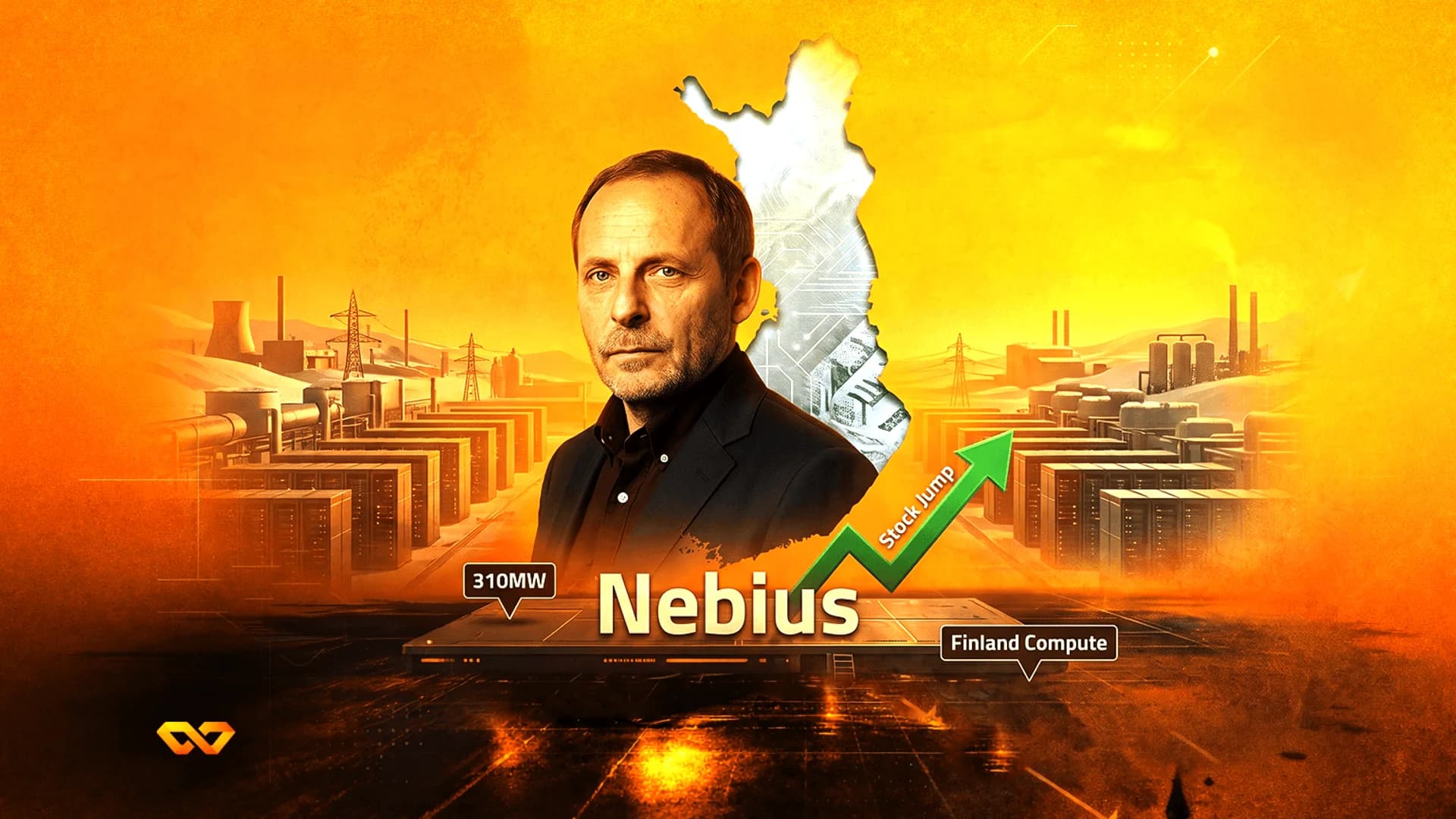 Portrait of a man over a map of Finland and a data center, with the text 'Nebius' and a green stock arrow.