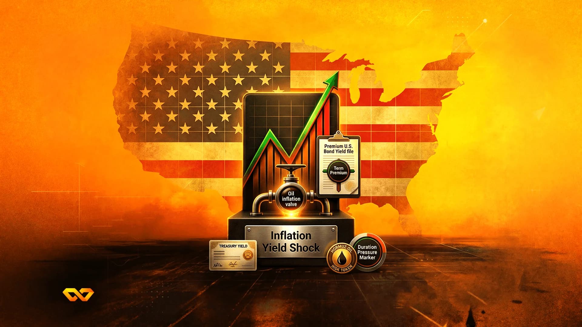 A rising line chart, oil valve, and bond certificates on a pedestal against a US flag map background.