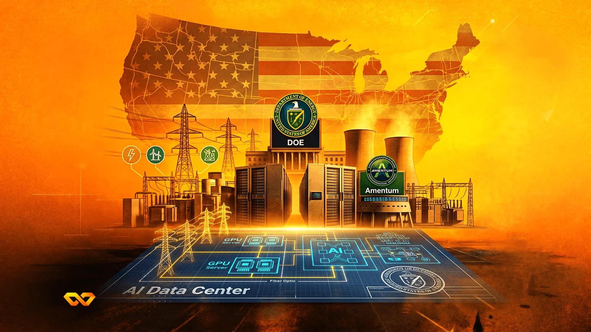 Illustration of an AI data center with server racks, power lines, cooling towers, and US Department of Energy logo.