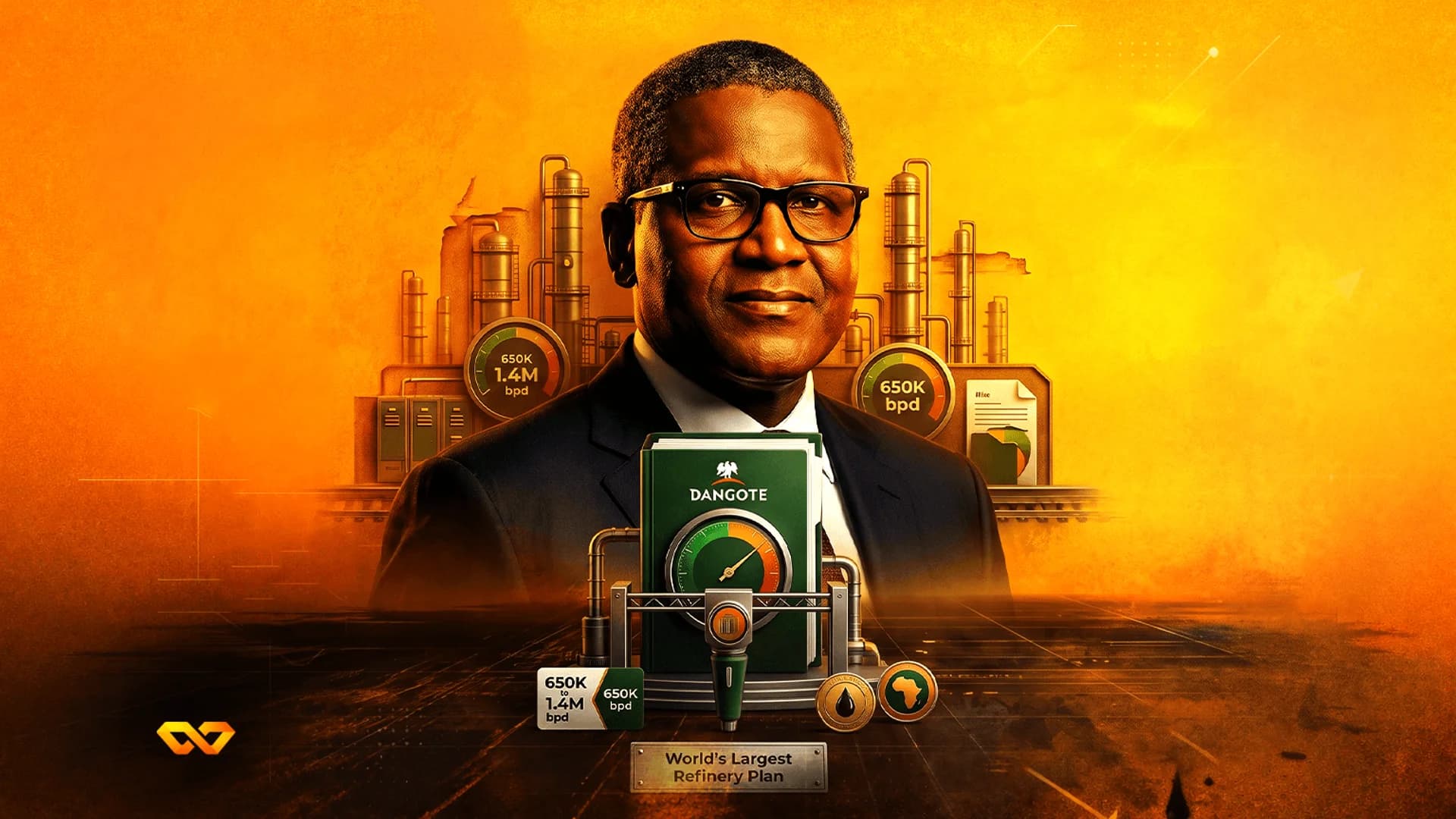 Portrait of Aliko Dangote against an orange industrial refinery background with oil production gauges.