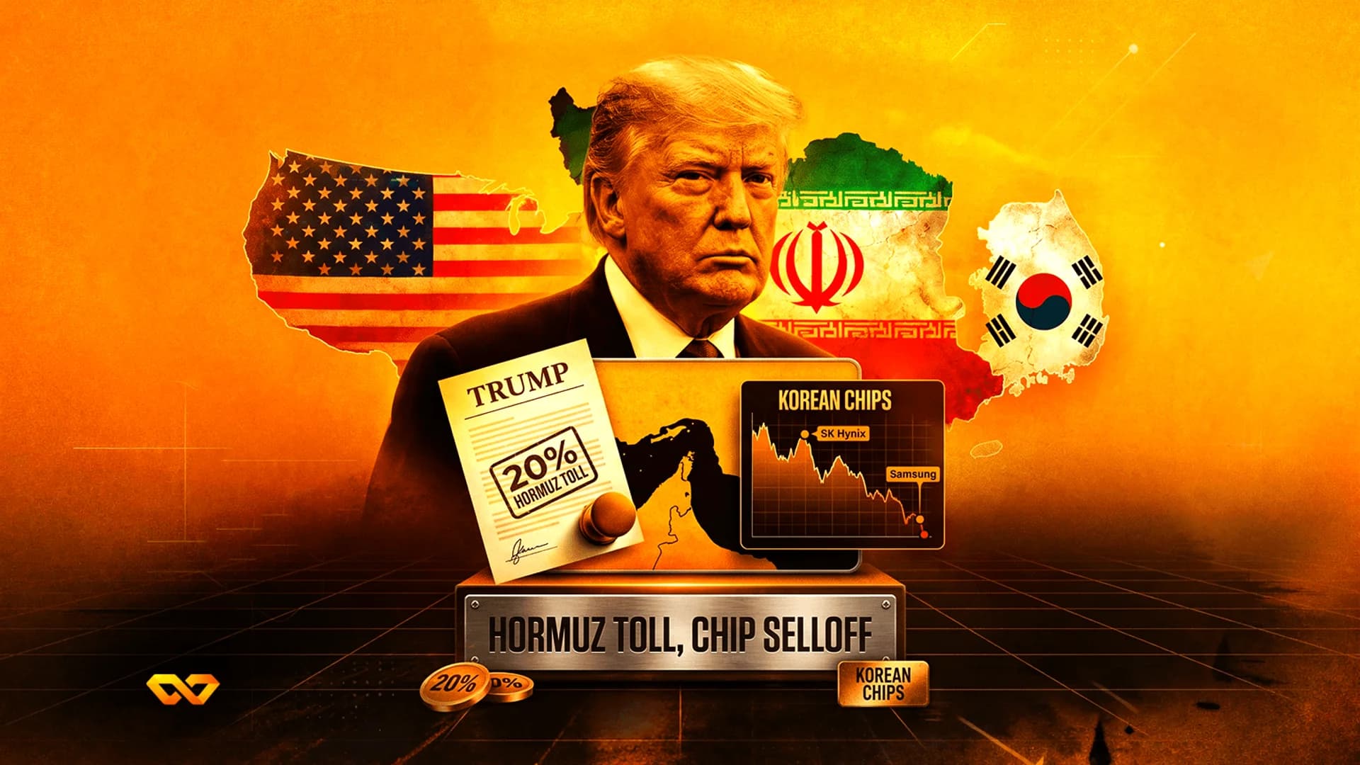 Donald Trump portrait with US, Iran, and South Korea flags, a Hormuz toll document, and a falling stock market chart.