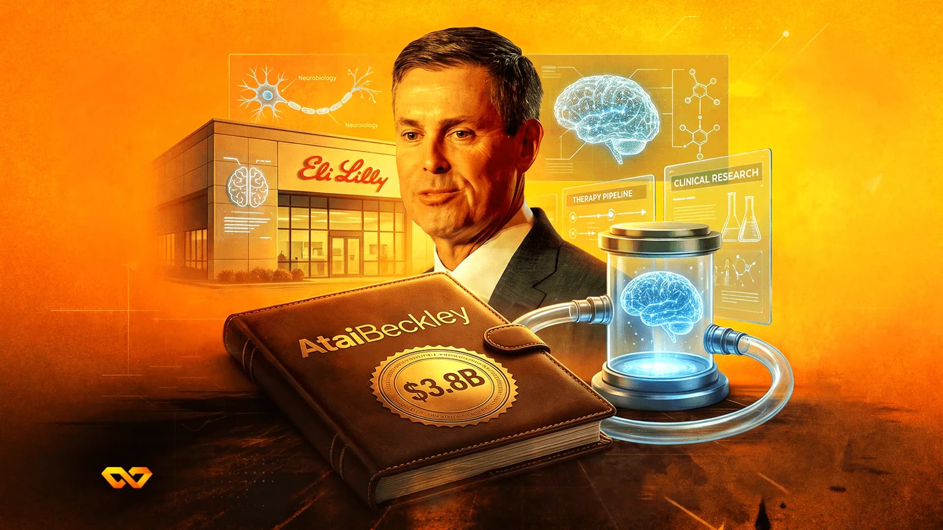 Collage with a man's portrait, Eli Lilly building, brain in a jar, and a book marked AtaiBeckley $3.8B.
