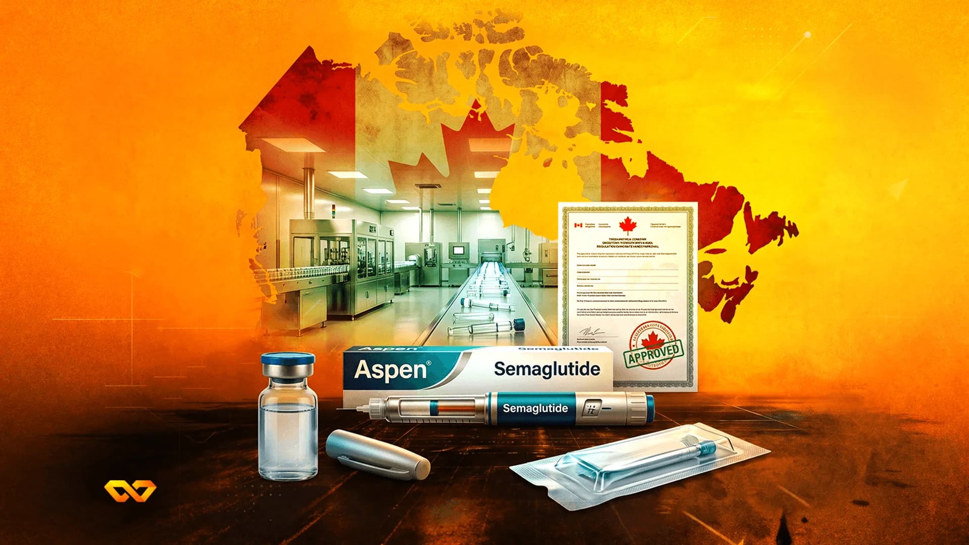 Semaglutide medication box, injection pen, and vial in front of a Canadian map and pharmaceutical factory background.