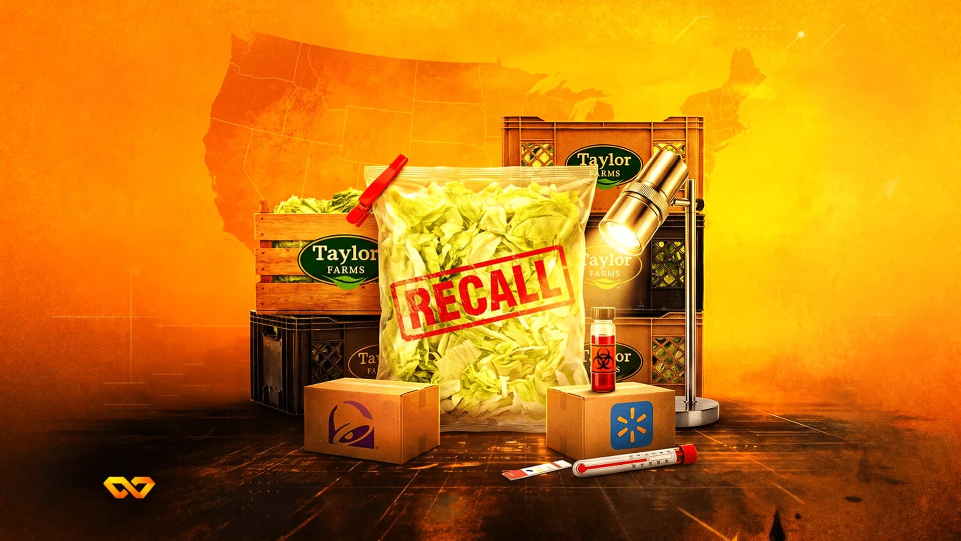 A bag of shredded lettuce stamped with 'RECALL' sits among Taylor Farms crates, a Taco Bell box, and a Walmart box.