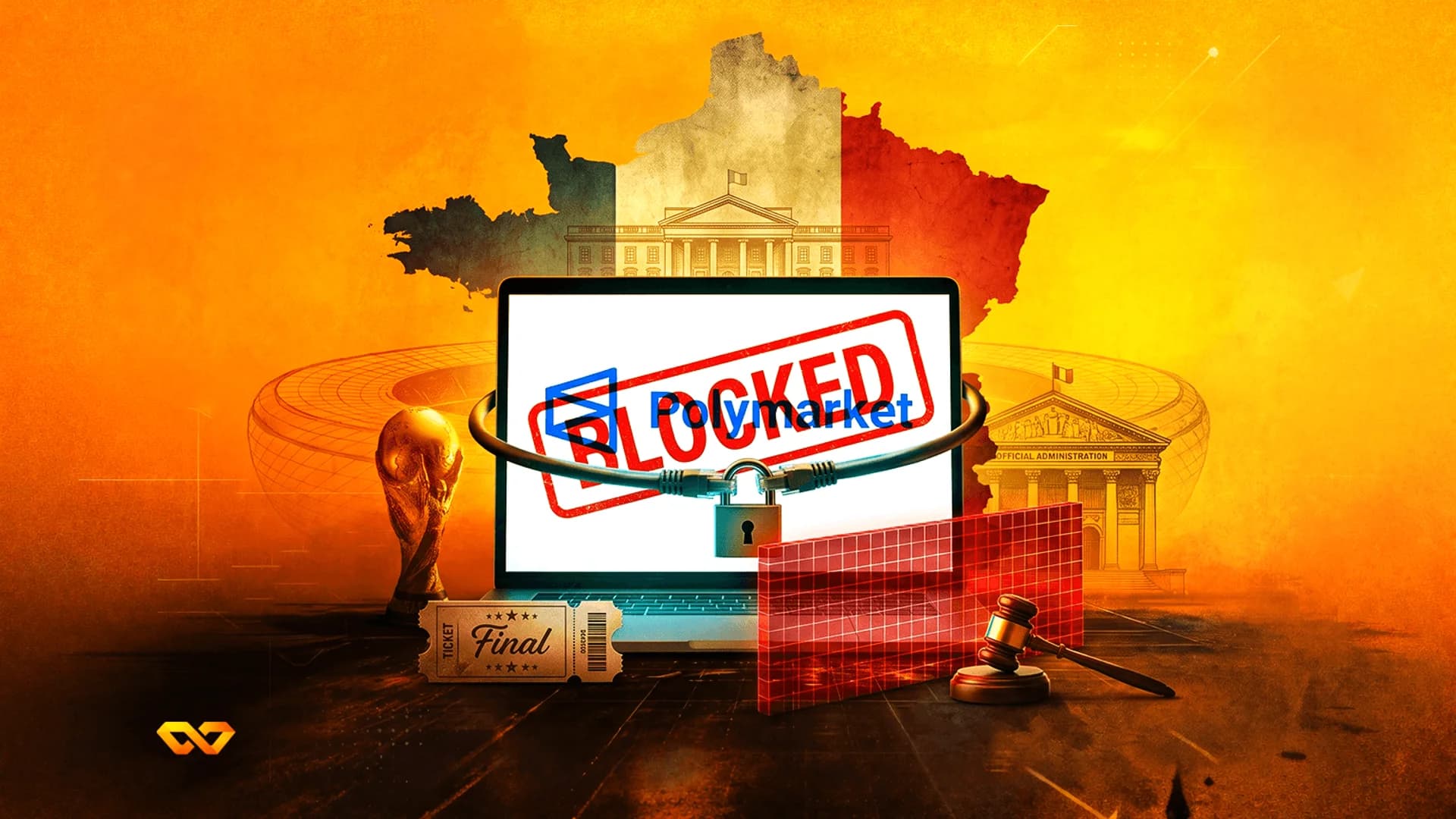 Laptop with 'BLOCKED' and 'Polymarket' text, a padlock, gavel, and French flag map on an orange background.