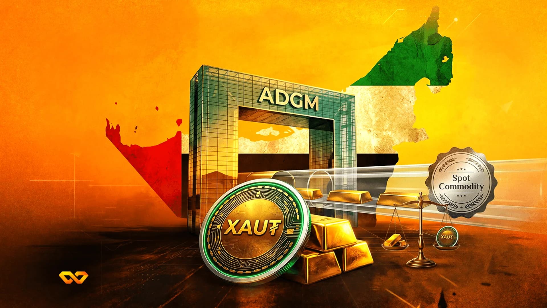 XAUt coin and gold bars in front of an ADGM building and a UAE flag map on an orange background.