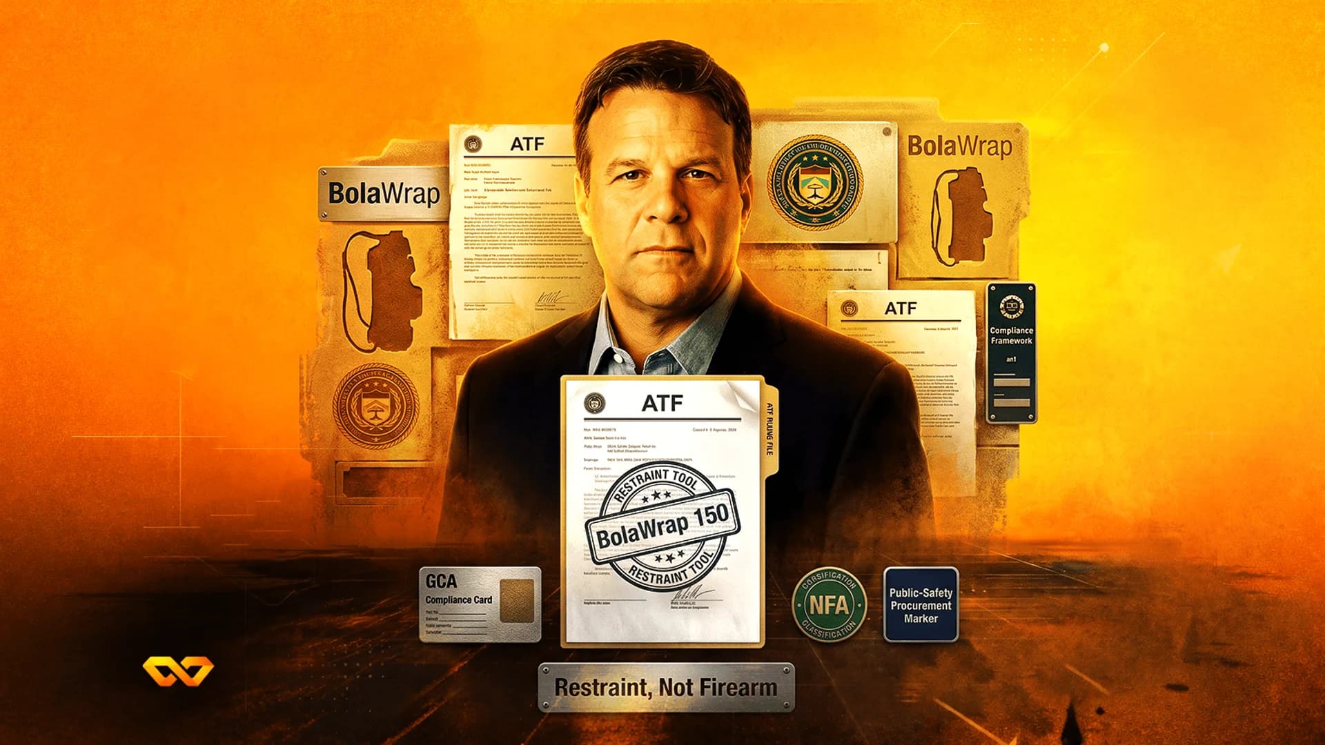 Man in a suit centered among BolaWrap product labels and ATF regulatory documents on a textured orange background.