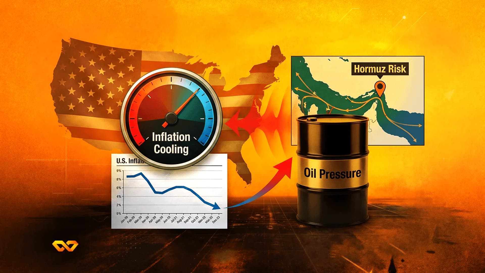 Graphic with US flag map, inflation gauge, line chart, oil barrel, and Strait of Hormuz map on an orange background.