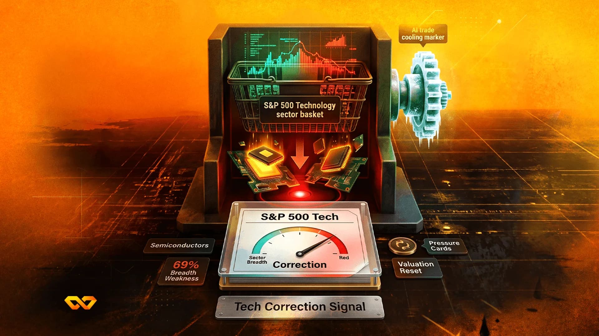 Illustration of a machine with an S&P 500 Tech gauge pointing to correction and computer chips falling from a basket.