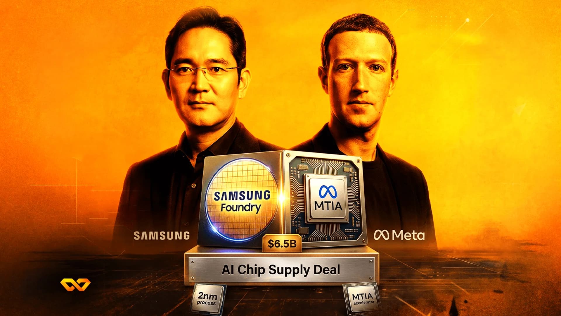 Portraits of Lee Jae-yong and Mark Zuckerberg above Samsung and Meta logos with AI chip graphics on an orange background.
