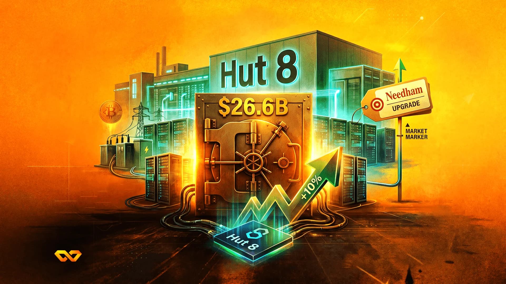 رسم توضيحي رقمي لمنشأة Hut 8 مع خزنة ذهبية كبيرة، ورفوف خوادم، وسهم أخضر صاعد.