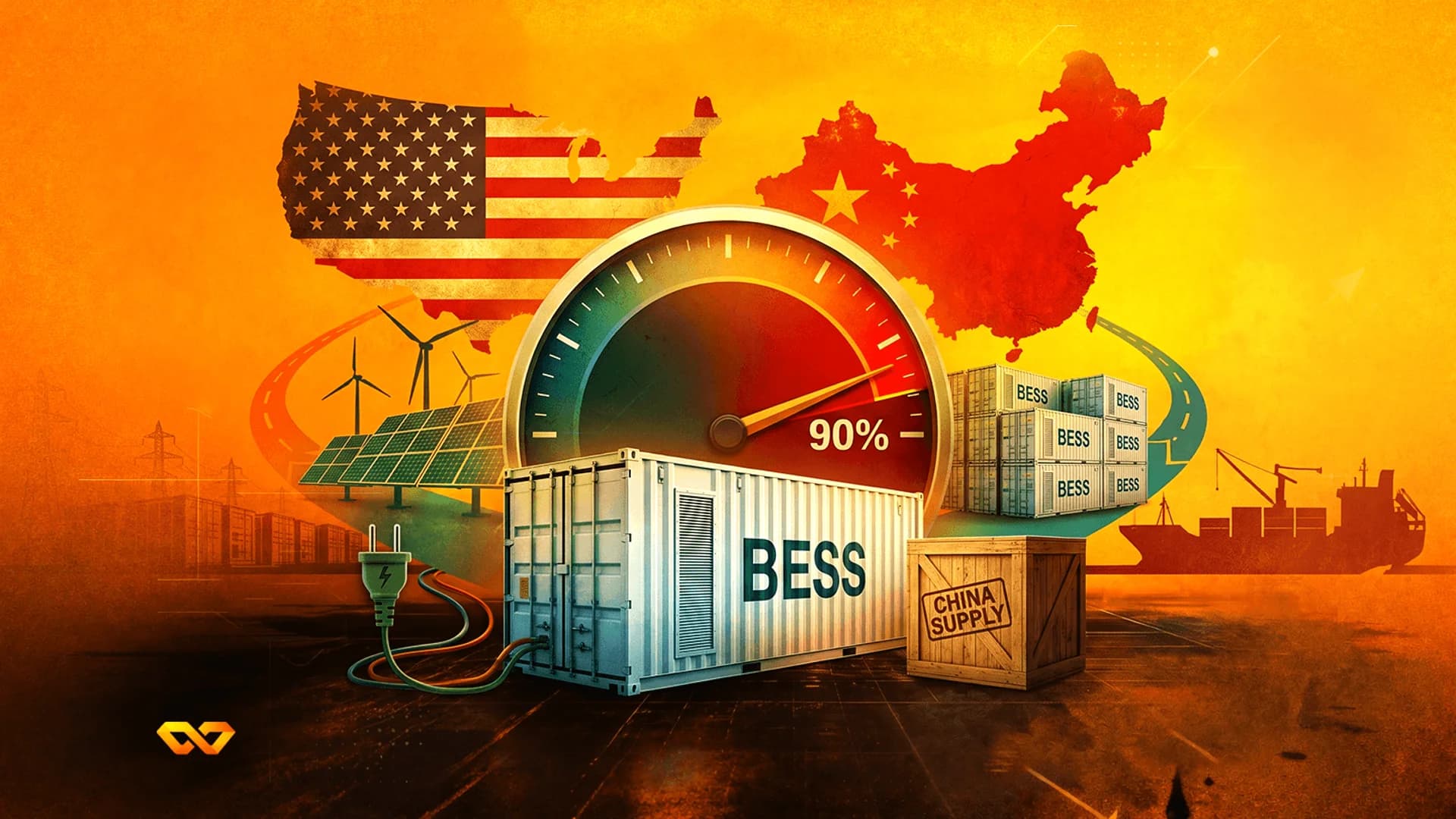 Illustration of a BESS container, a gauge at 90%, and maps of the US and China with renewable energy icons.