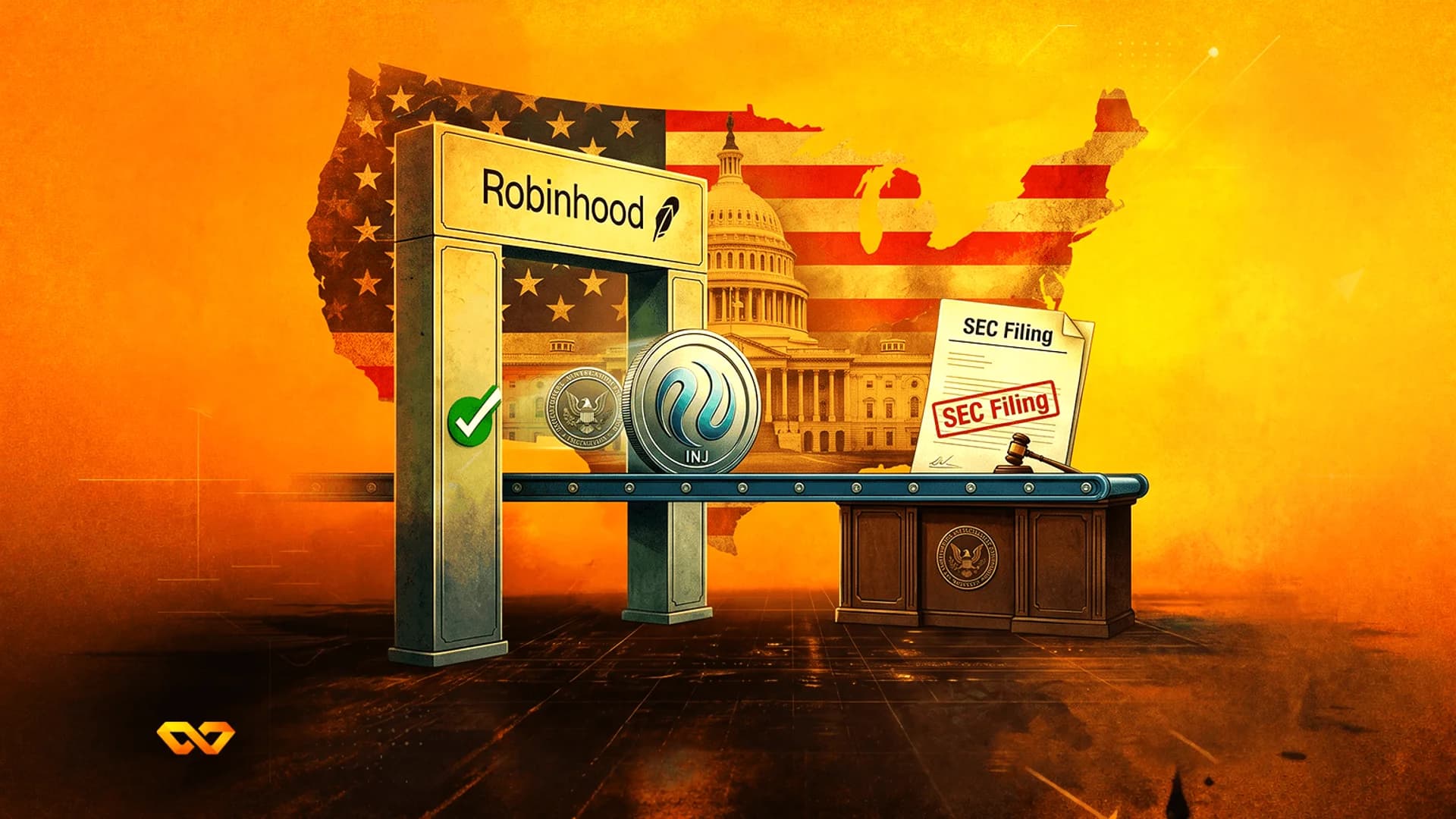 Injective coin on a conveyor belt passing through a Robinhood gate with an SEC filing and US Capitol in the background.