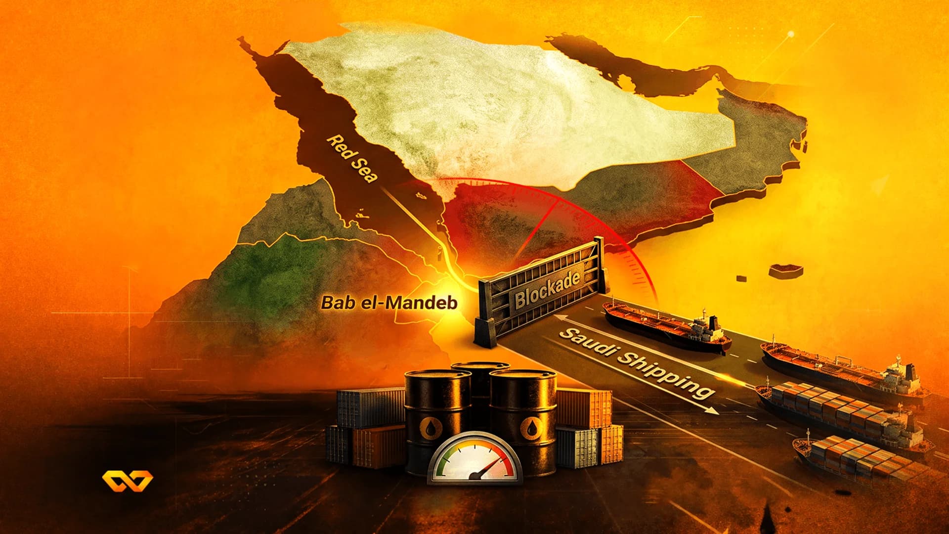 Map of the Red Sea and Bab el-Mandeb with a blockade gate stopping Saudi shipping vessels and oil barrels.