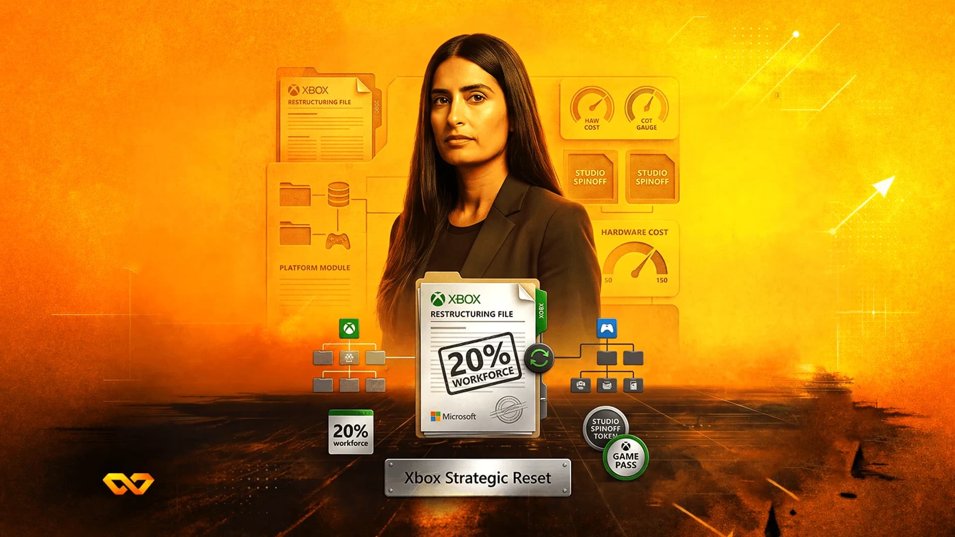امرأة ببدلة تتوسط رسومًا بيانية لإعادة هيكلة إكس بوكس مع ختم 20% من القوى العاملة على خلفية برتقالية.