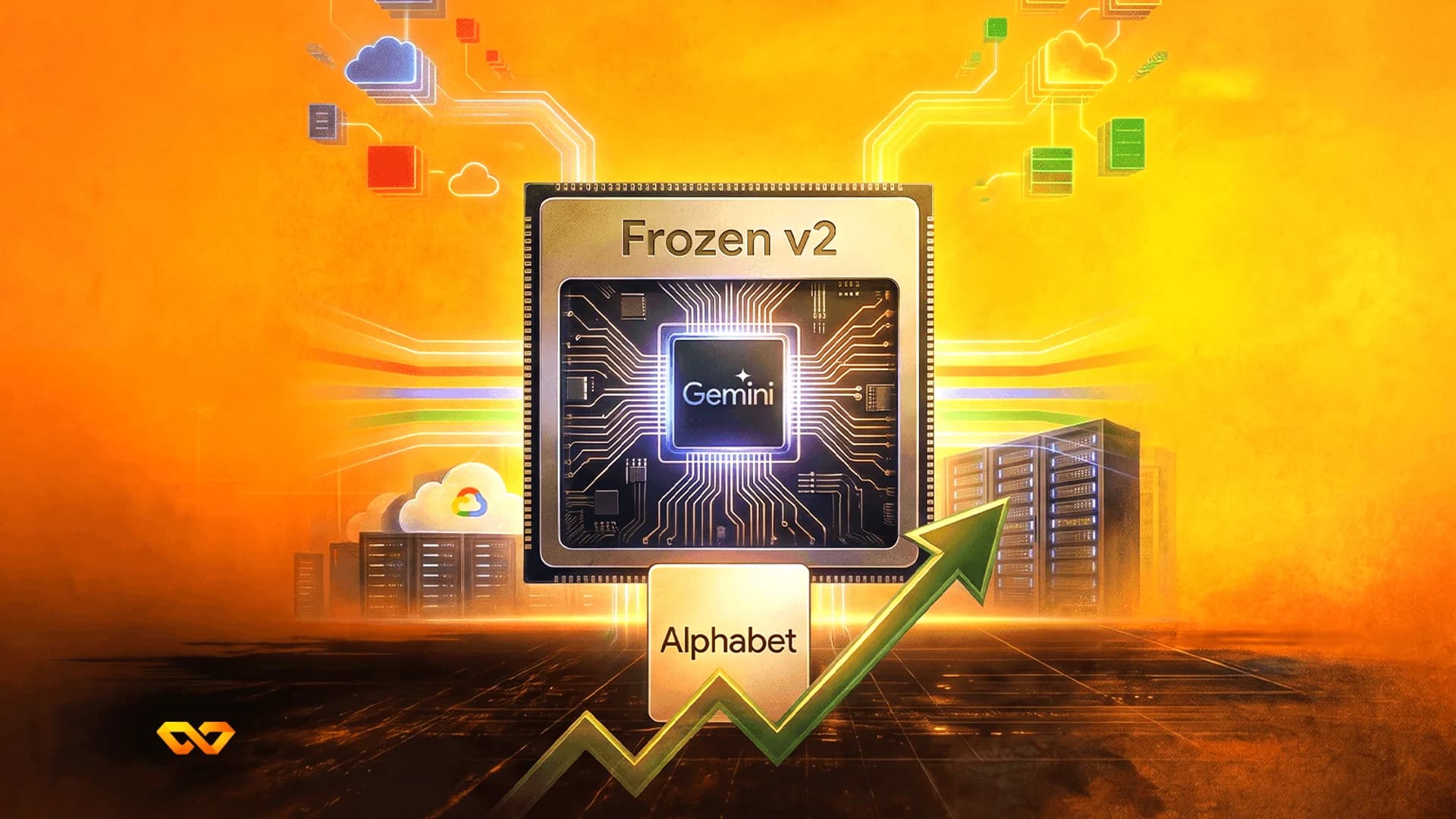 Gemini processor labeled Frozen v2 and Alphabet logo with a rising green arrow on an orange background.