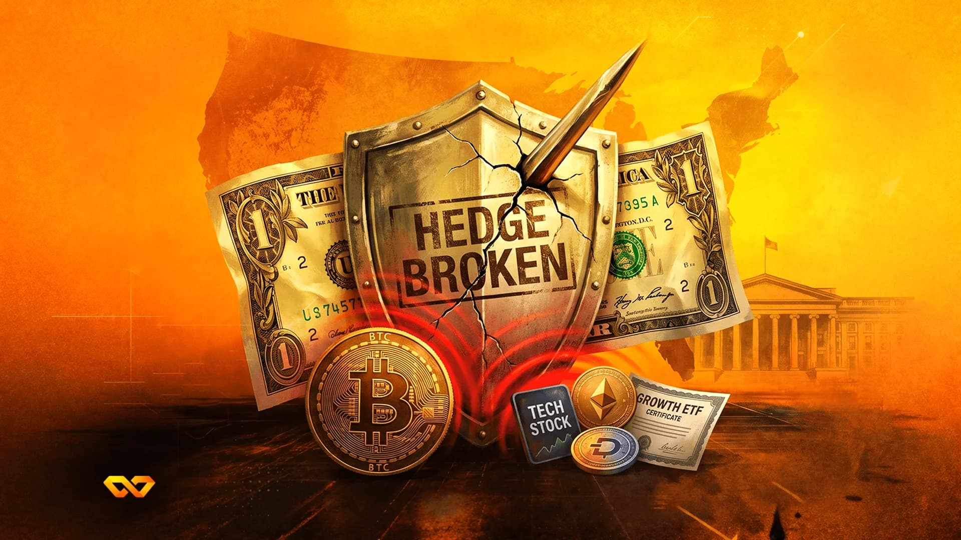 A cracked shield with 'HEDGE BROKEN' text, pierced by a spike, with dollar bills, Bitcoin, and crypto coins.