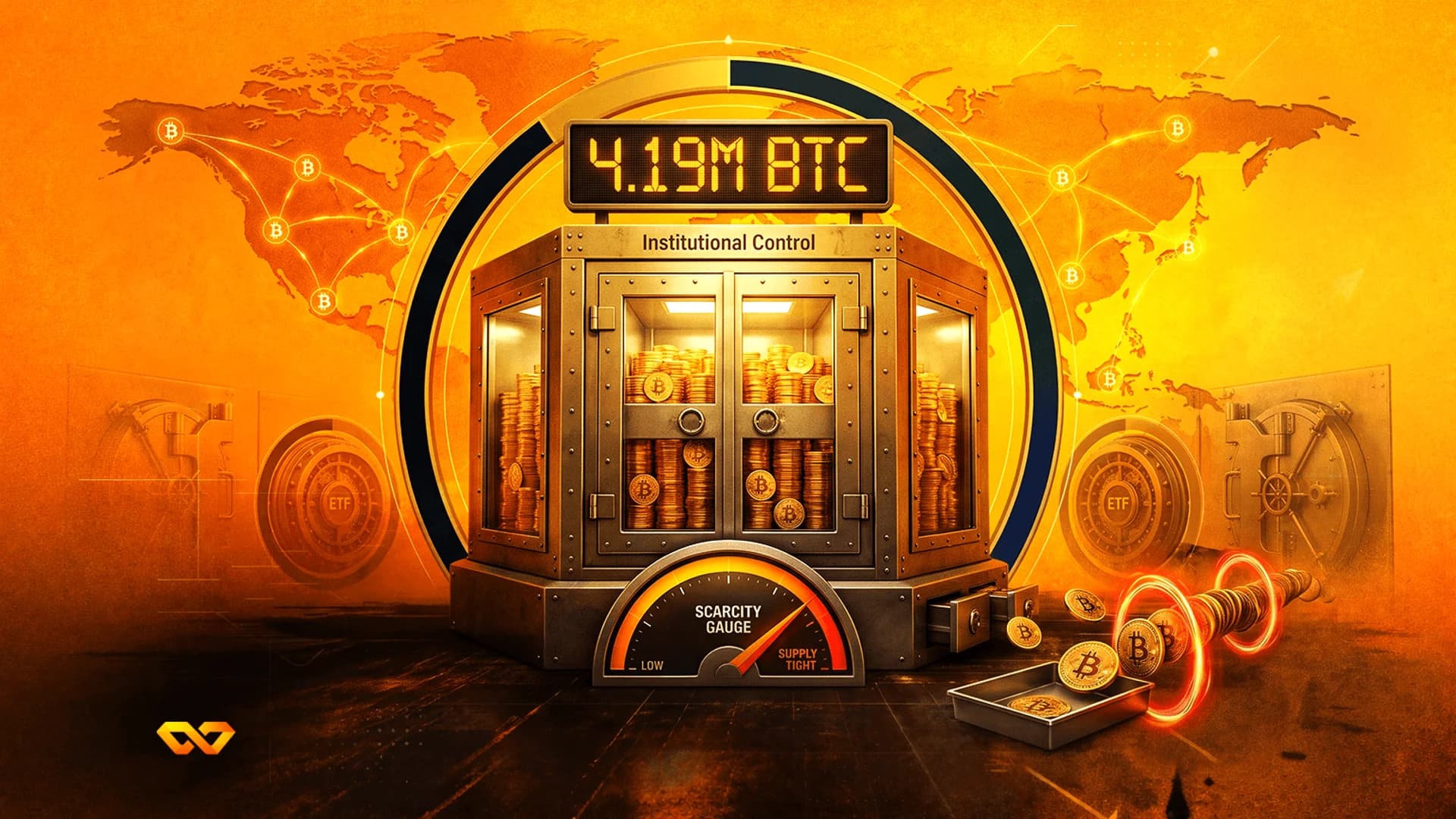 A vault labeled Institutional Control filled with Bitcoin coins, a digital BTC counter, and a Supply Tight gauge.