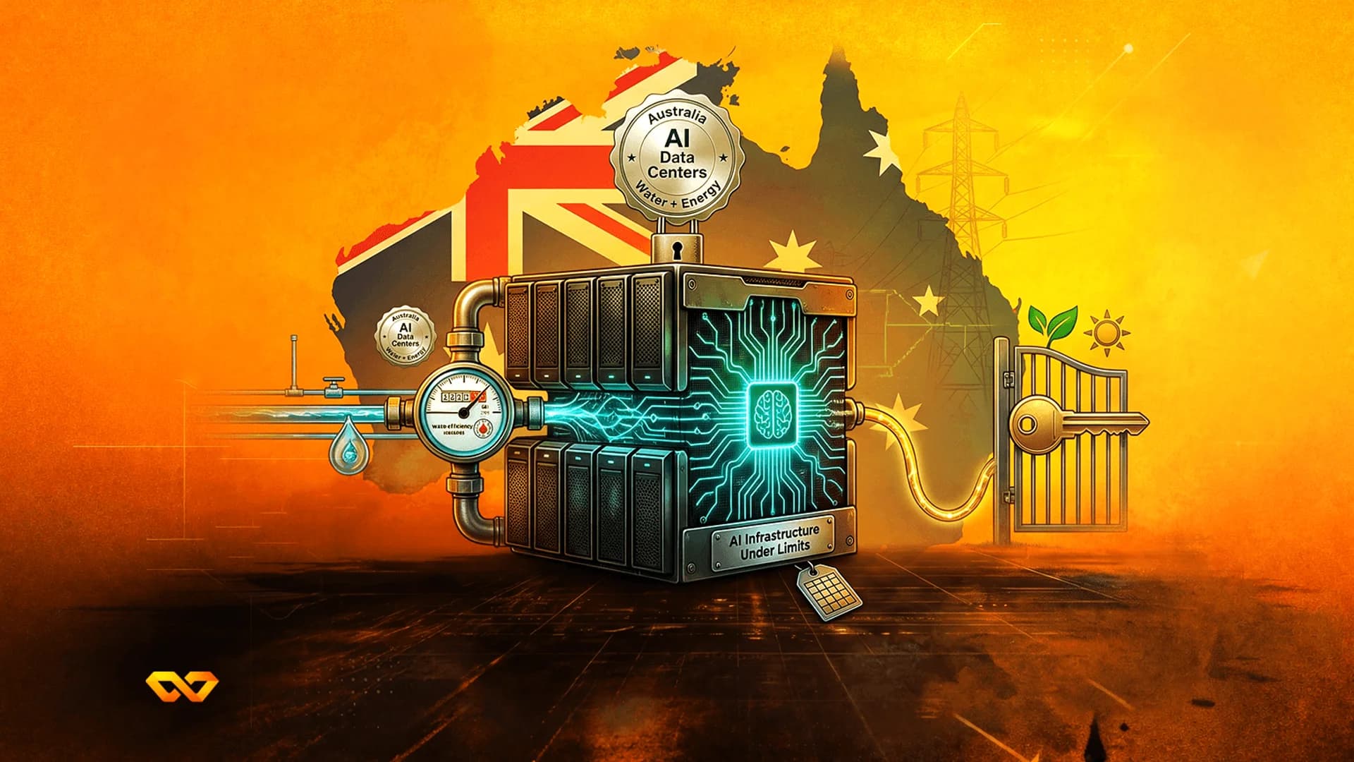 Illustration of a server rack with a glowing brain icon against a map of Australia and its national flag.
