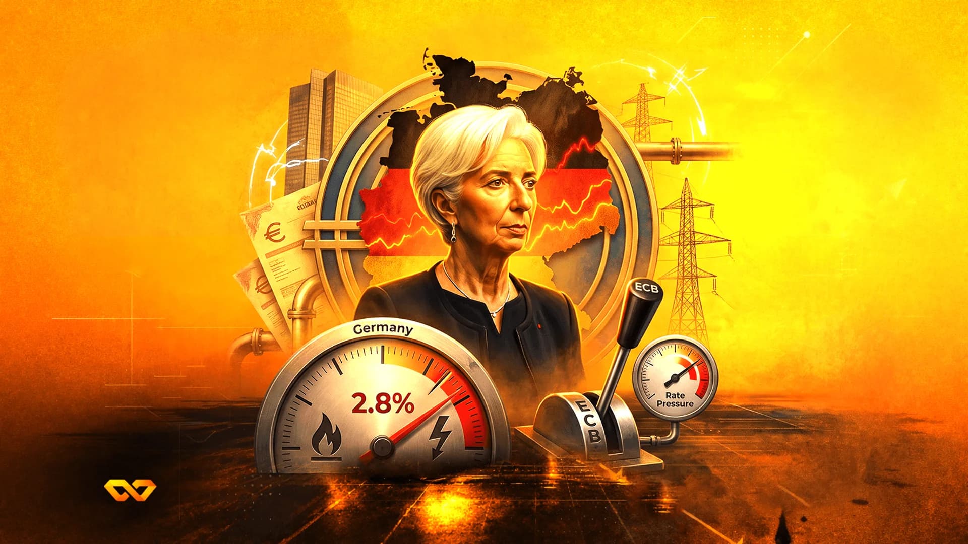 Portrait of Christine Lagarde with a German map, gauges showing 2.8%, and ECB levers in a warm orange illustration.