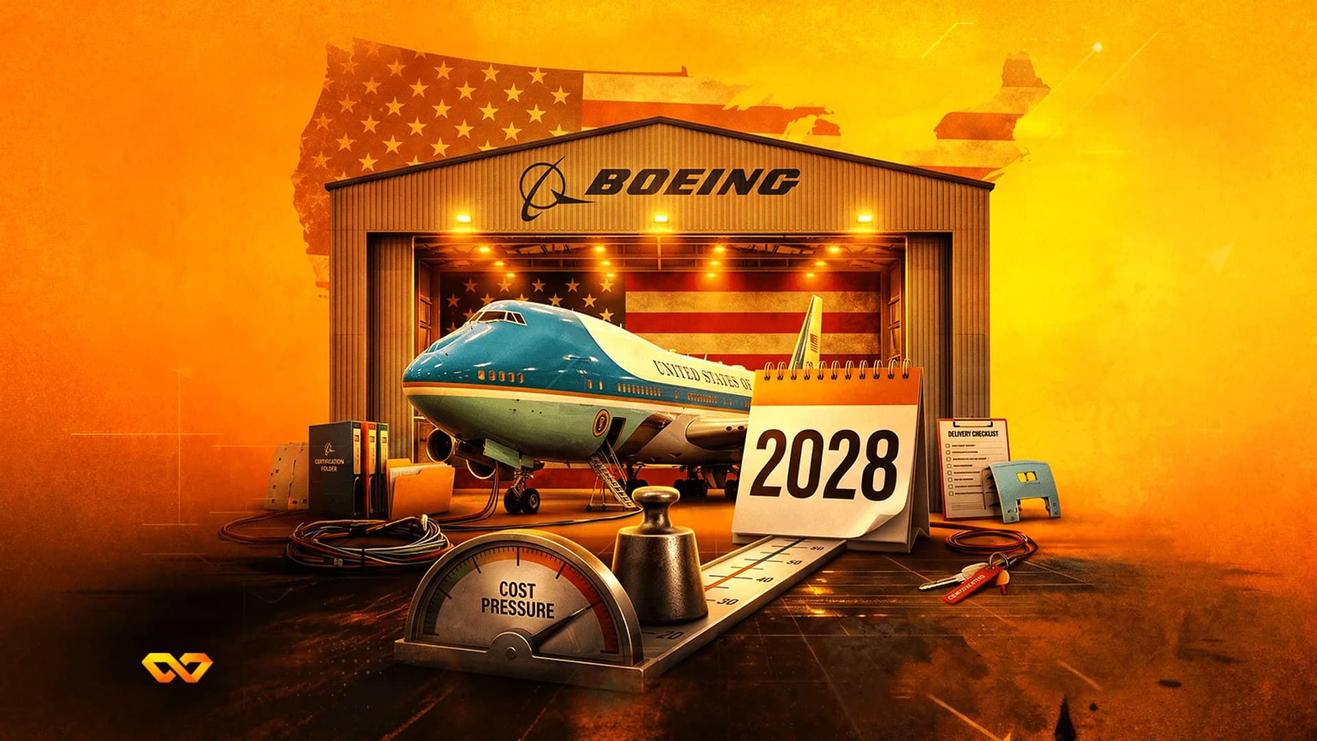Illustration of a Boeing hangar with an Air Force One plane, a 2028 calendar, and a cost pressure gauge.