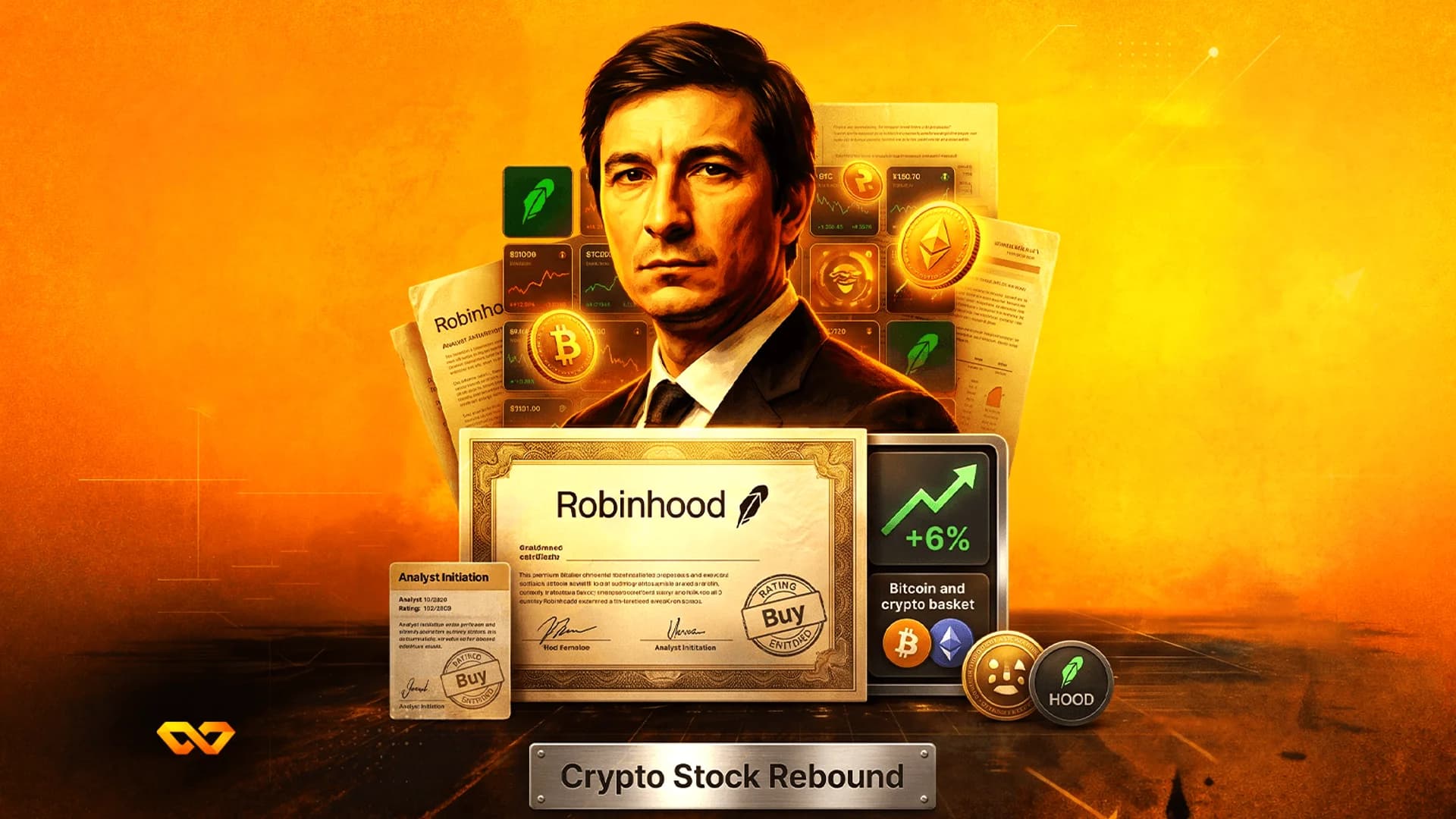 Stylized portrait of a man in a suit surrounded by Robinhood logos, Bitcoin and Ethereum coins, and a 'Buy' rating.