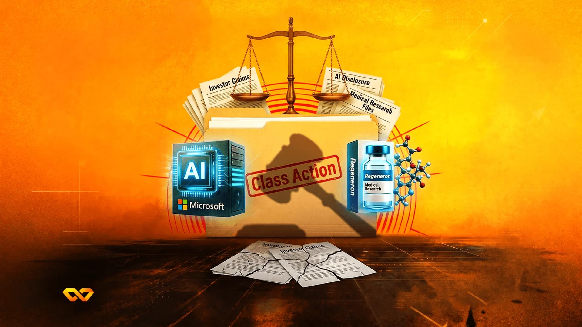 Yellow folder stamped 'Class Action' with Microsoft AI server, Regeneron vial, and justice scales on orange background.