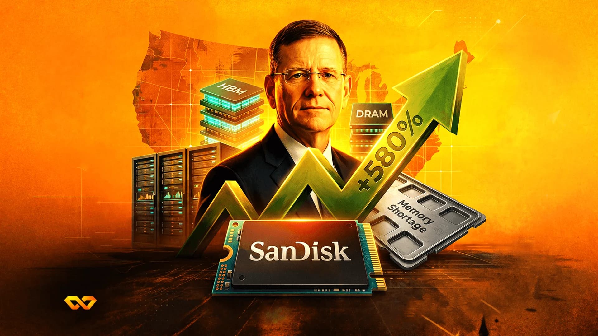 Collage of a man in a suit, a SanDisk chip, server racks, and a green arrow indicating 580% growth.