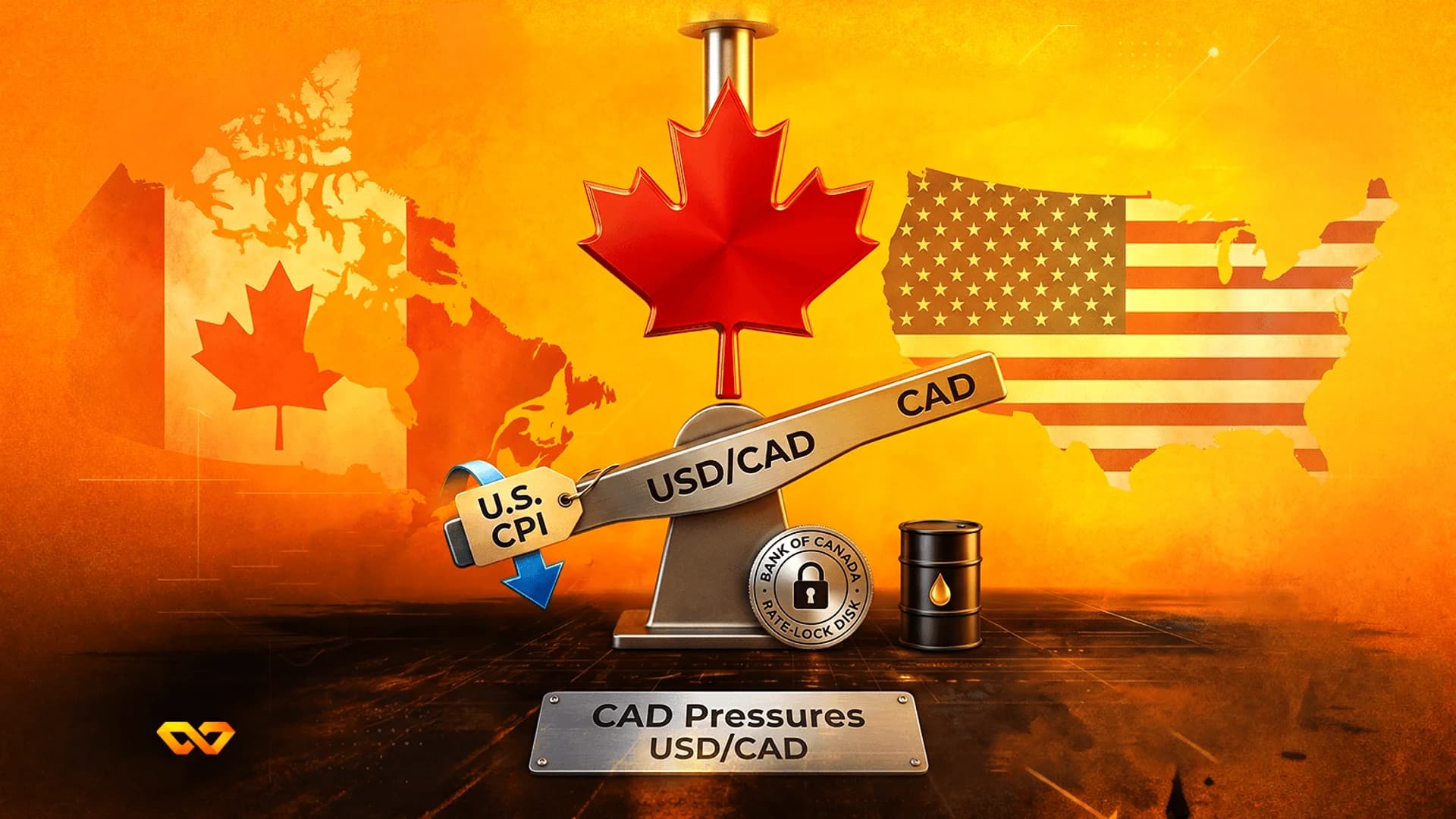 USD/CAD exchange rate illustration with US and Canadian flags, an oil barrel, and a balance scale.