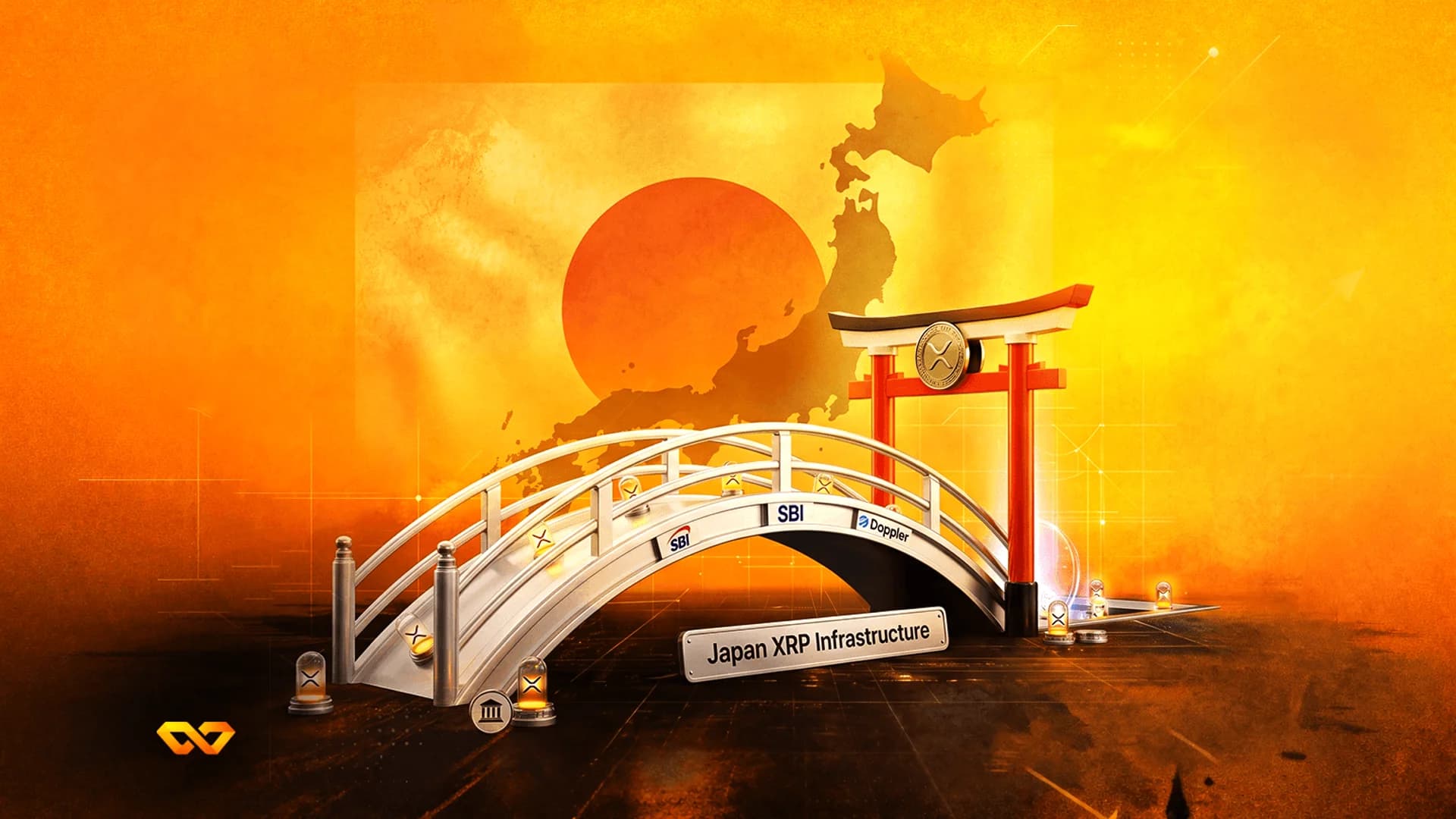 Bridge with XRP logos leading to a torii gate against a map of Japan and a rising sun background.
