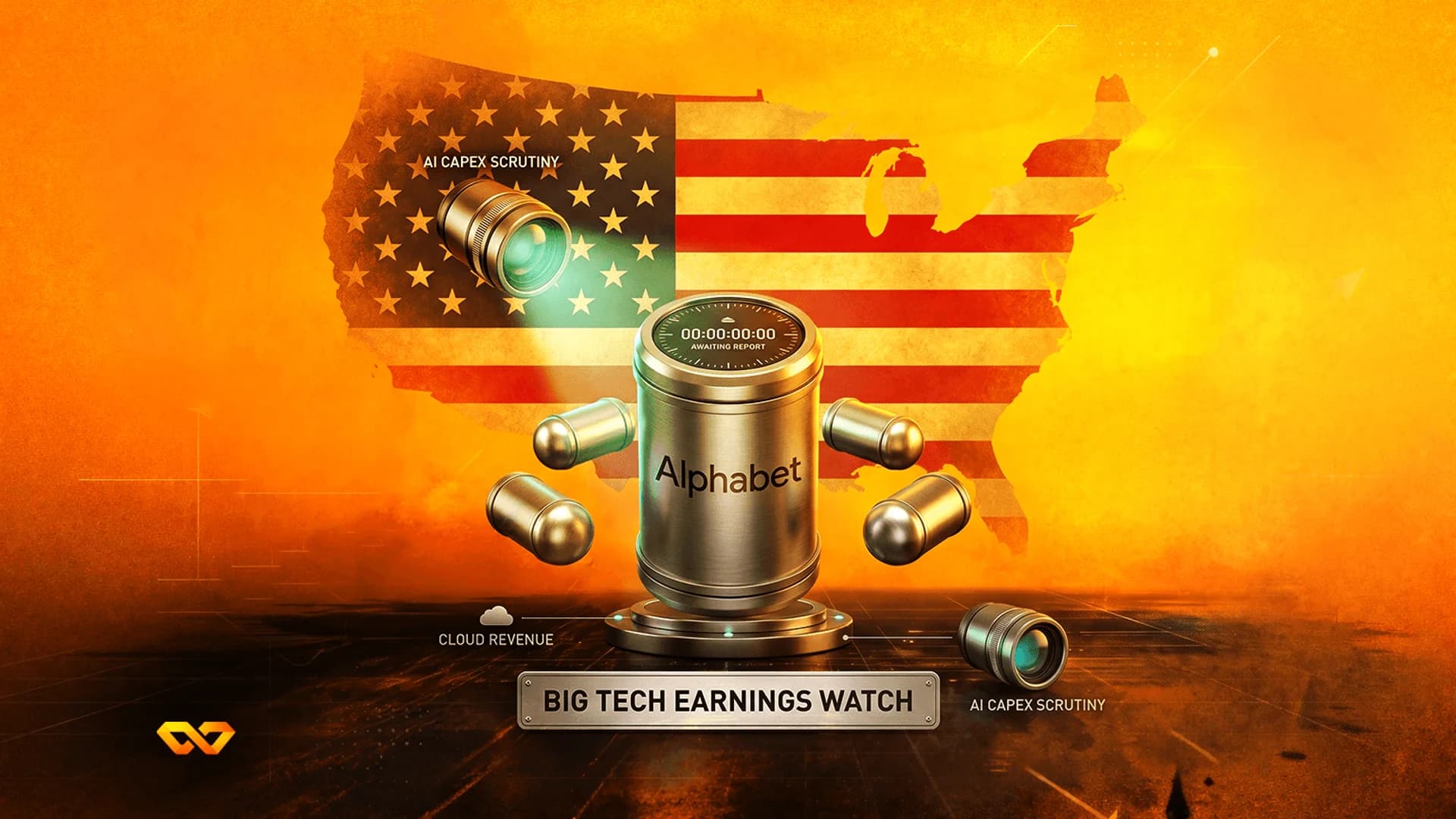 Metallic cylinder labeled Alphabet with a timer, set against a US flag map and camera lenses on an orange background.