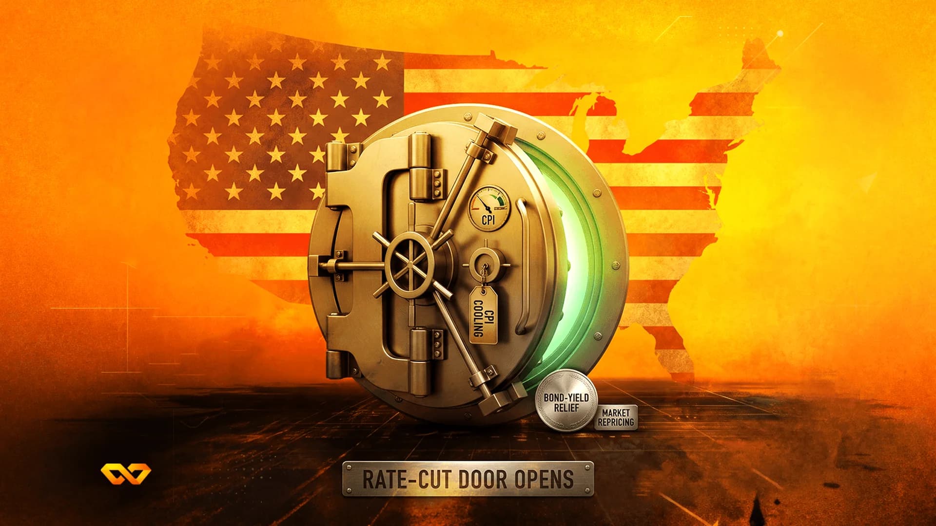 A bank vault door slightly open against a US flag map background, with labels for CPI and rate cuts.