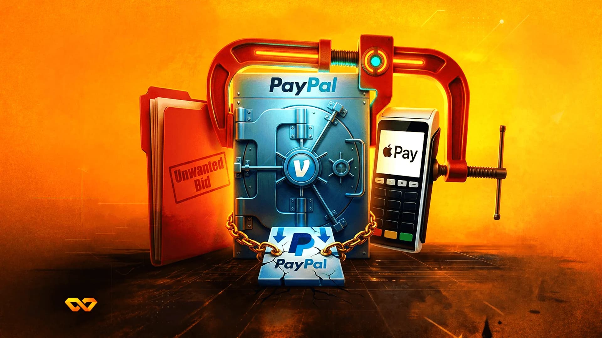 A blue safe with PayPal and Venmo logos squeezed by a red clamp next to an Apple Pay terminal.