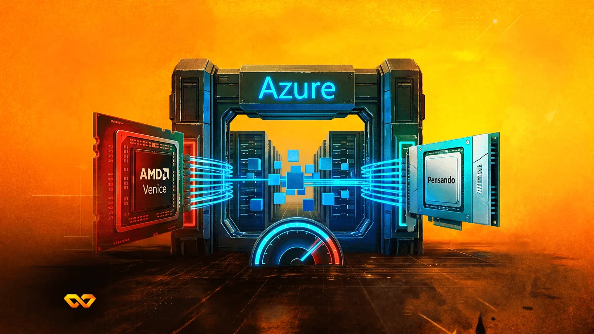 Digital illustration of AMD Venice and Pensando chips connecting to a glowing Azure server gateway.