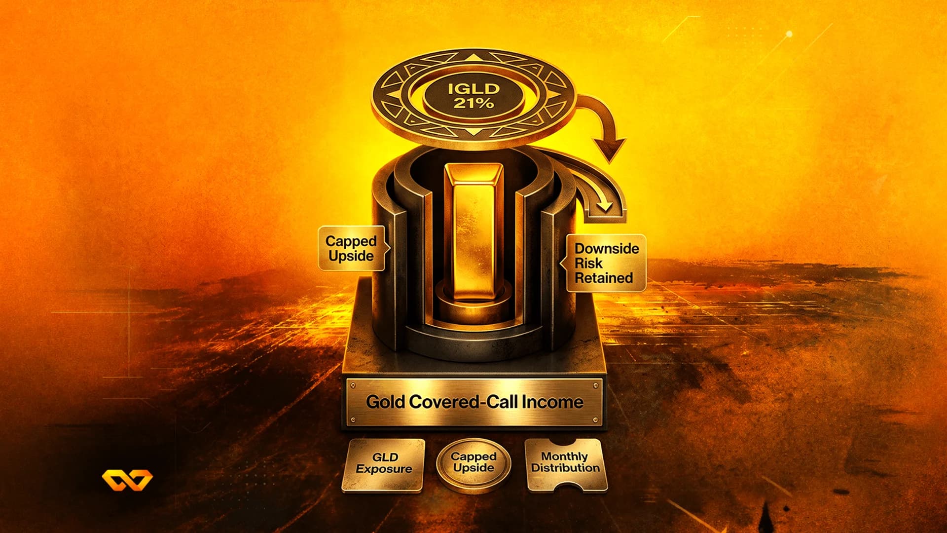 Gold-themed illustration of a mechanical device holding a gold bar with labels for covered-call income strategies.