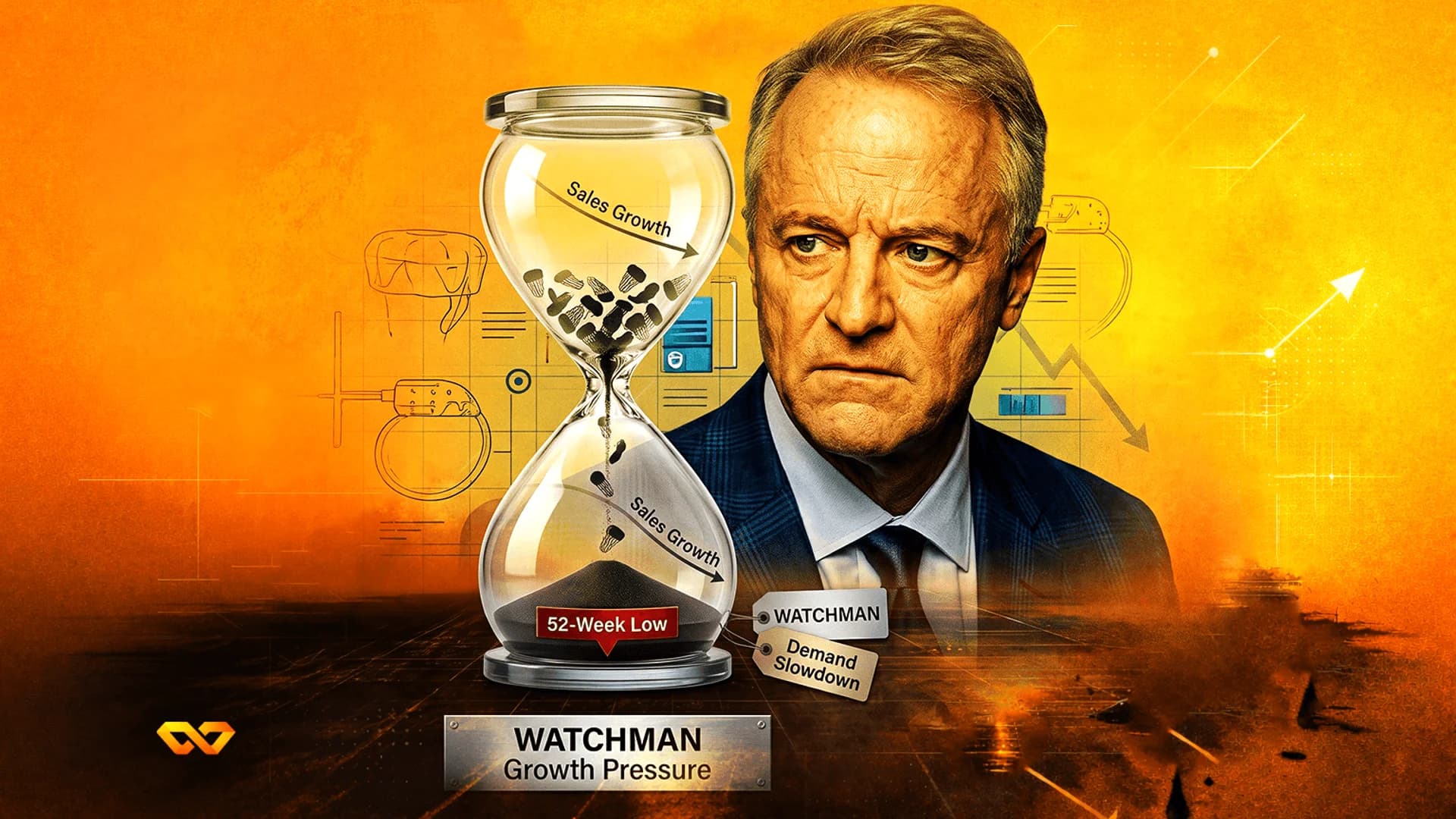 Portrait of a man beside an hourglass filled with medical devices, featuring text about sales growth and demand slowdown.