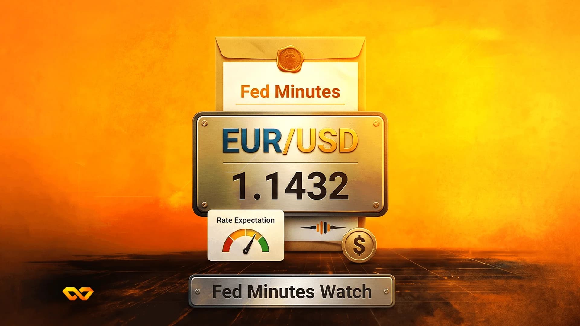 لوحة معدنية تعرض سعر صرف اليورو/دولار 1.1432 أمام ظرف لمحاضر الفيدرالي ومقياس لتوقعات أسعار الفائدة.