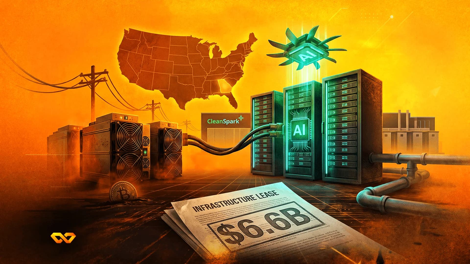Illustration of server racks, mining hardware, a US map, and a $6.6B infrastructure lease document.