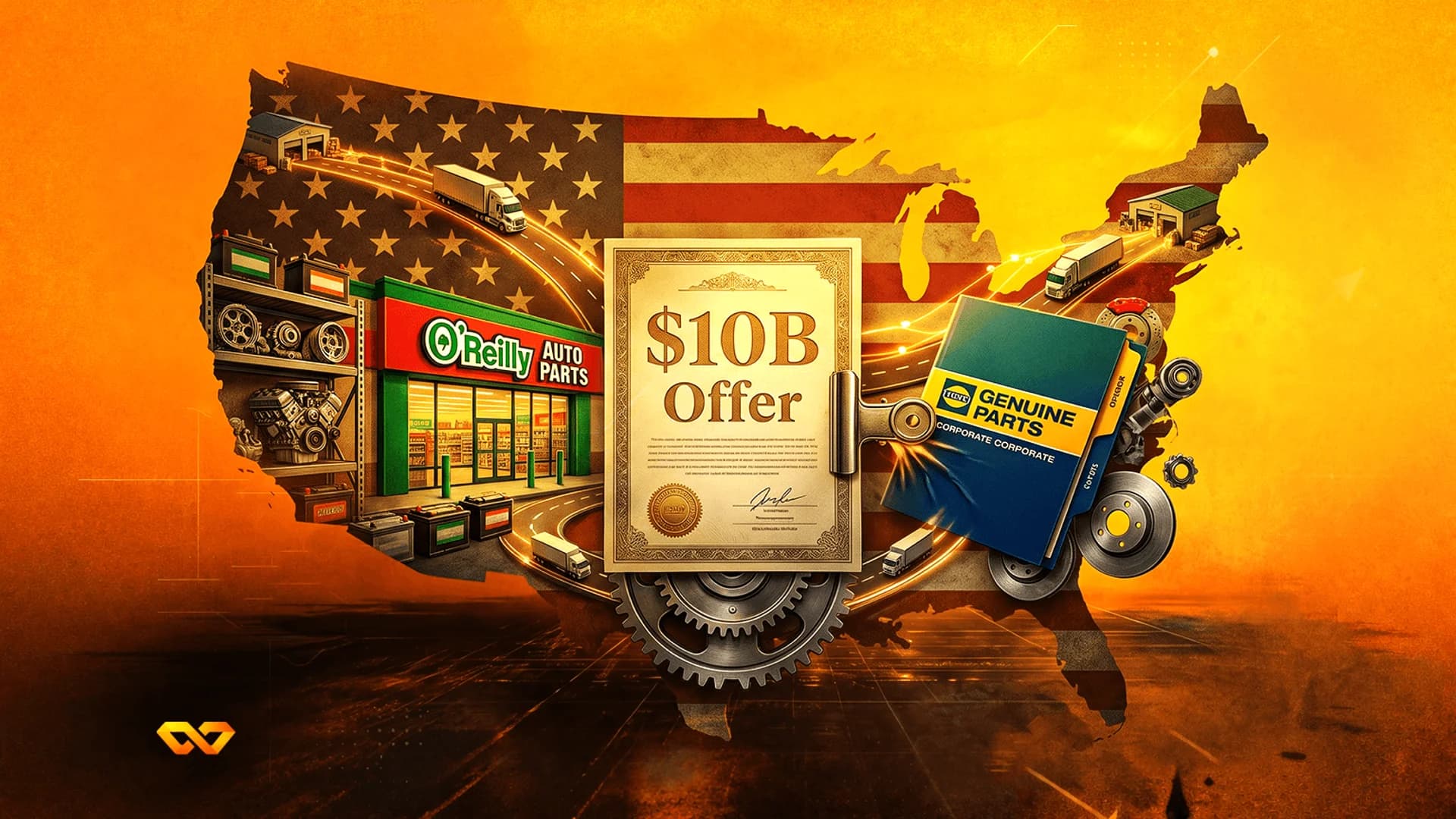Illustration of a $10B offer document, O'Reilly Auto Parts store, and car parts over a US flag map.