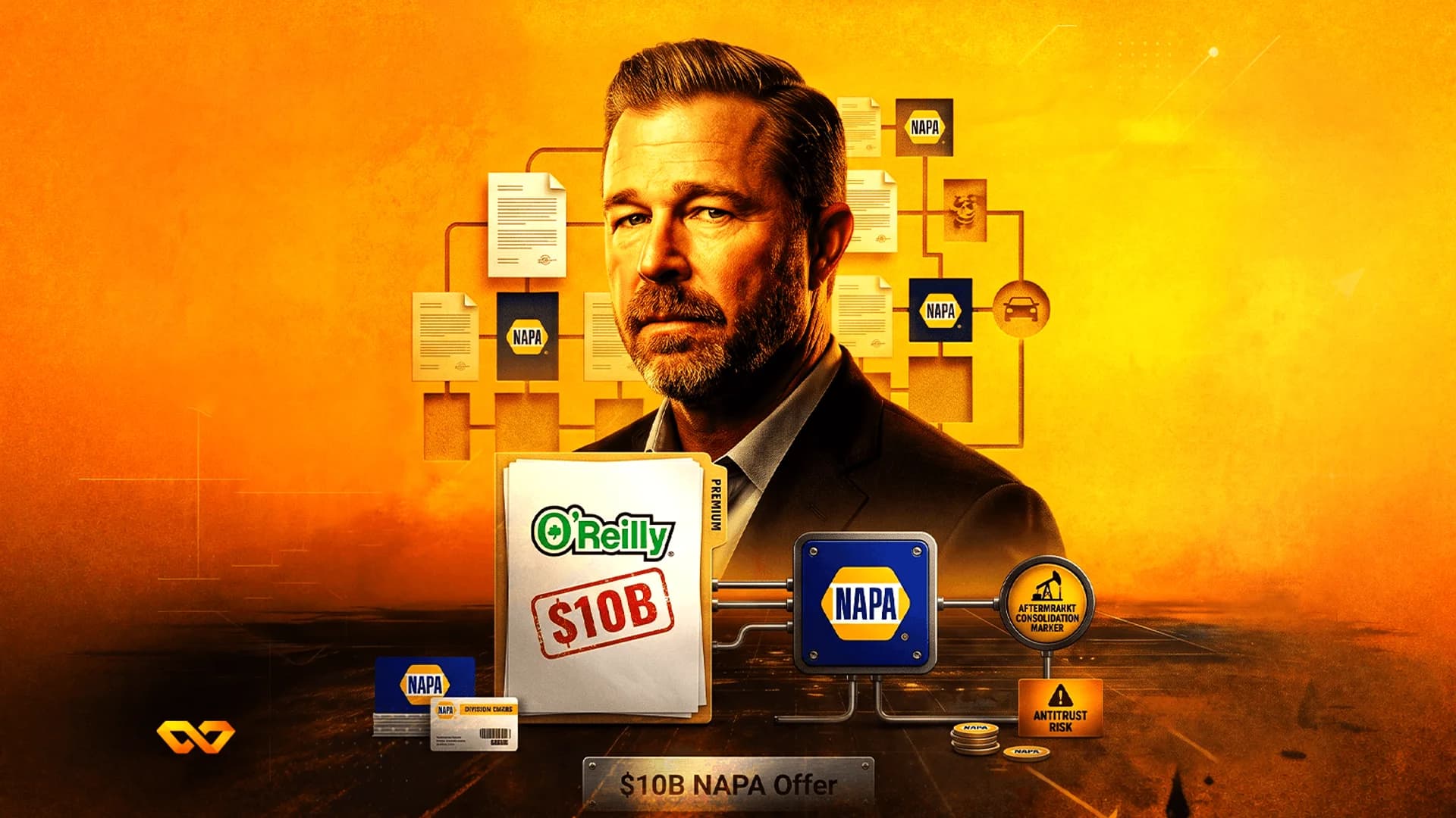 رسم توضيحي لوجه رجل محاط بشعاري أورايلي ونابا، ووثيقة بقيمة 10 مليارات دولار، وأيقونات مخاطر مكافحة الاحتكار.