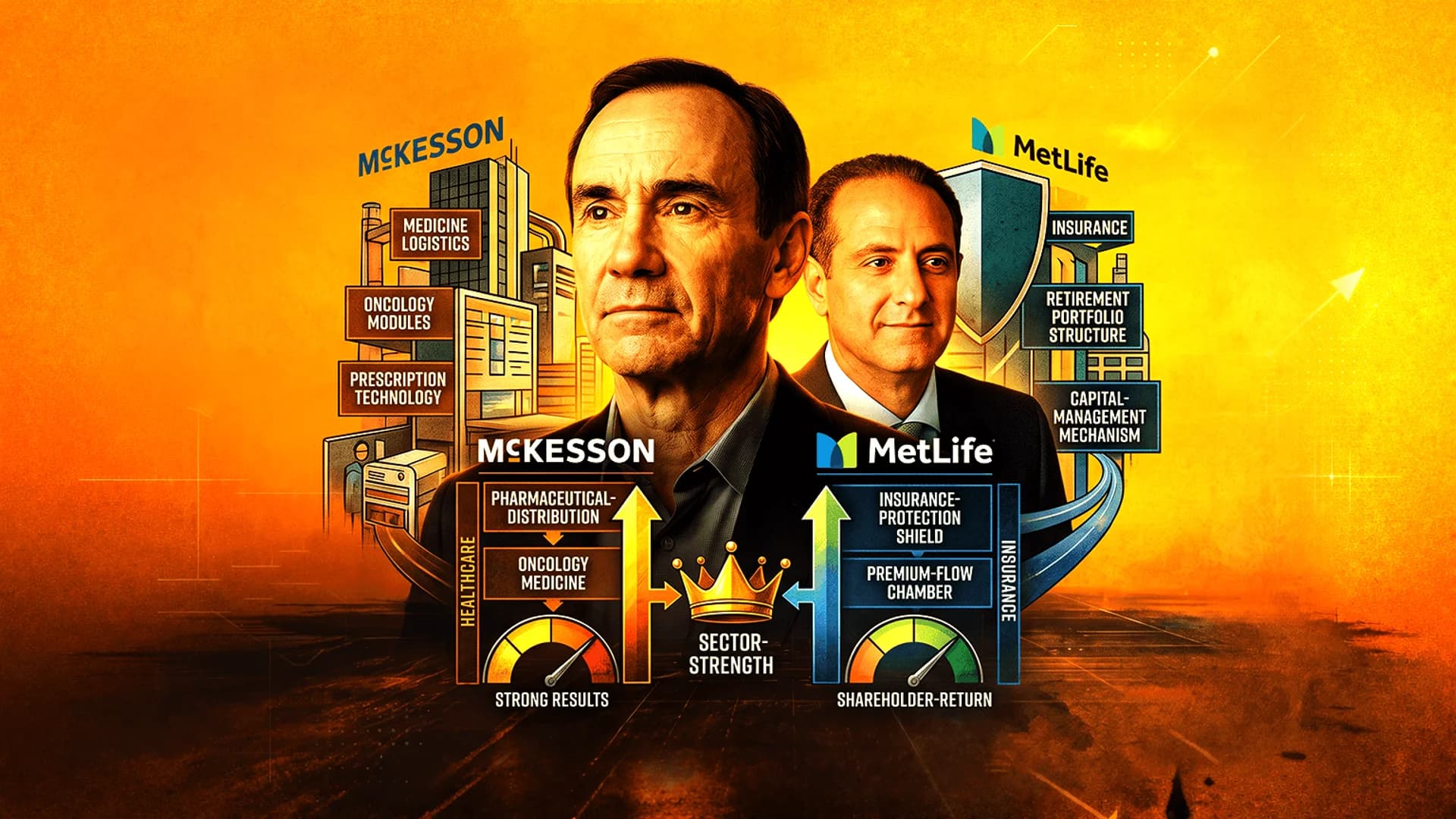 Digital illustration of two executives with McKesson and MetLife logos, industry icons, and performance gauges.